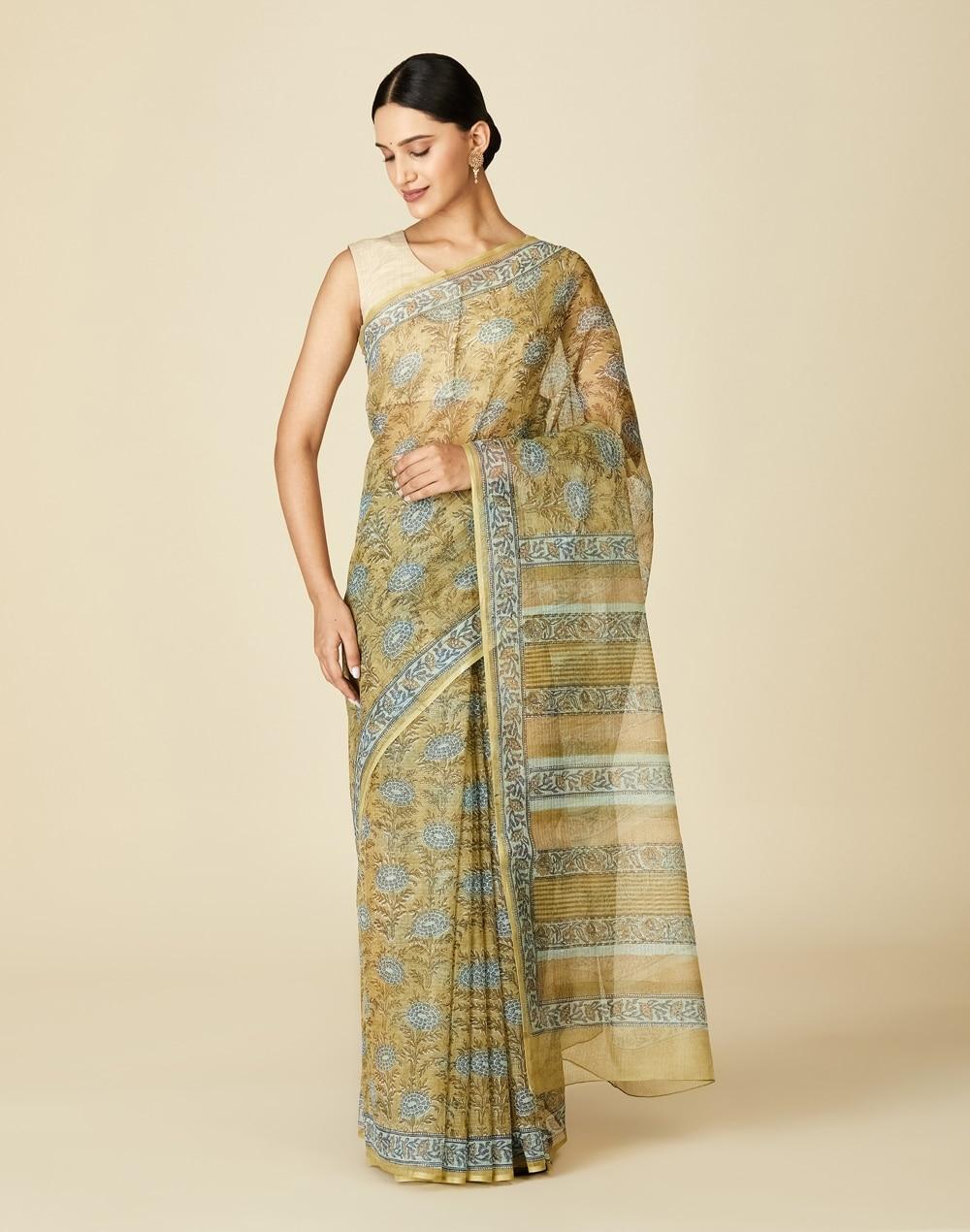 cotton silk hand block print sari