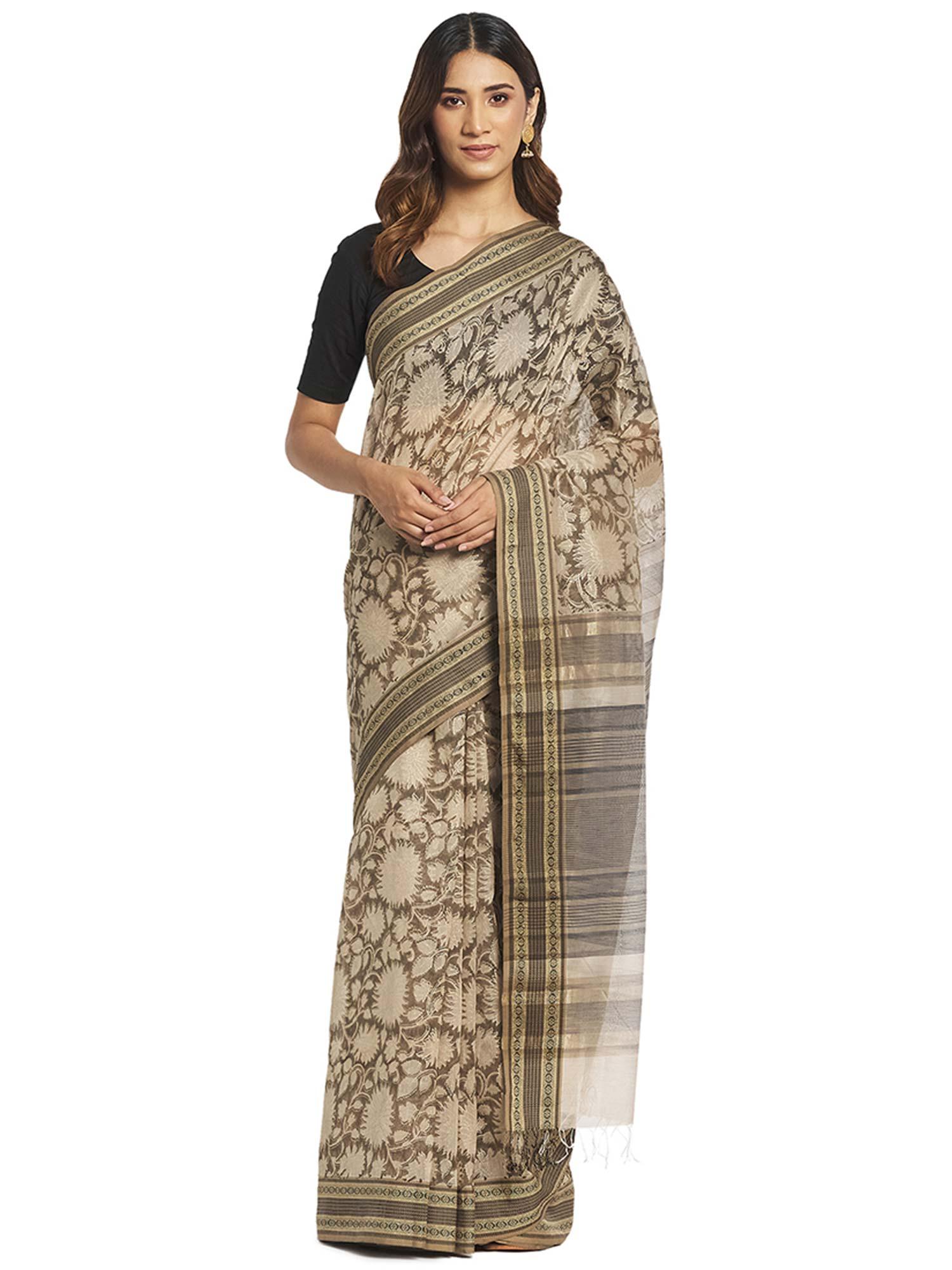 cotton silk hand block printed sari without blouse