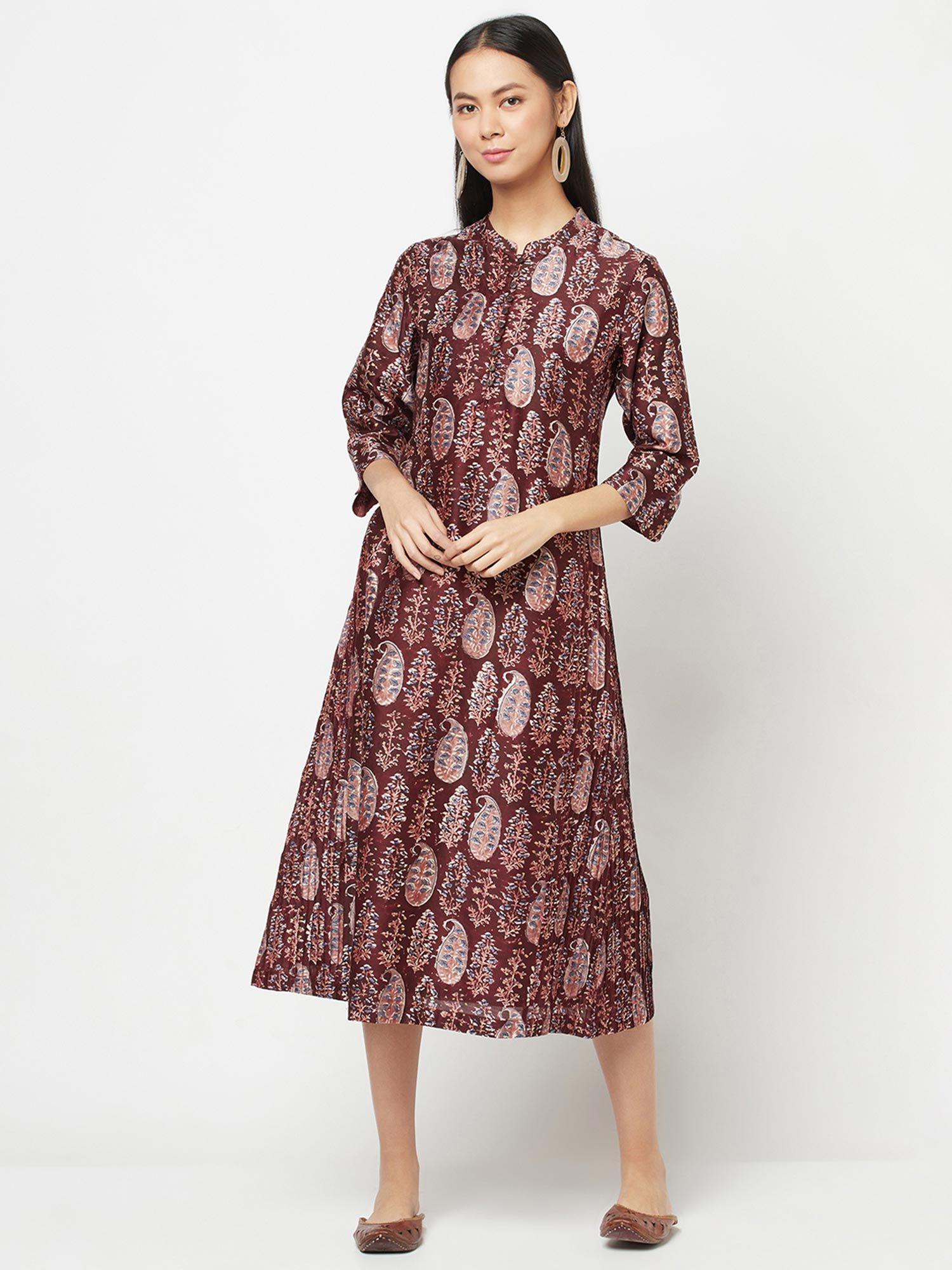 cotton silk printed slim fit long dress