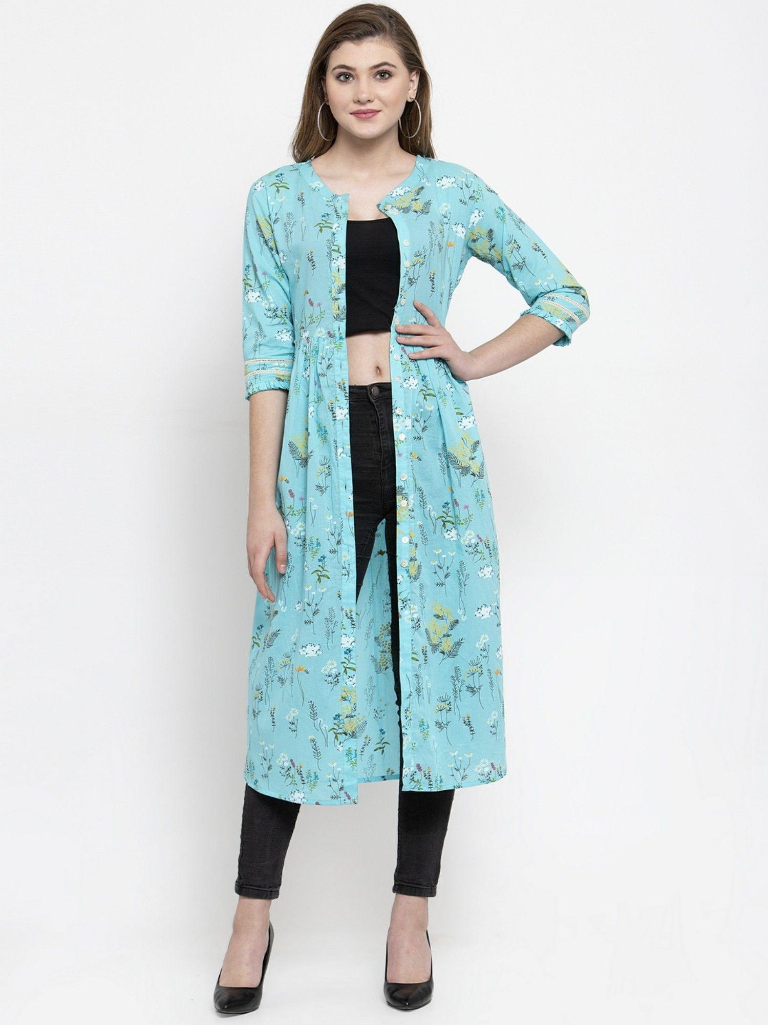 cotton sky blue floral print a-line shrug