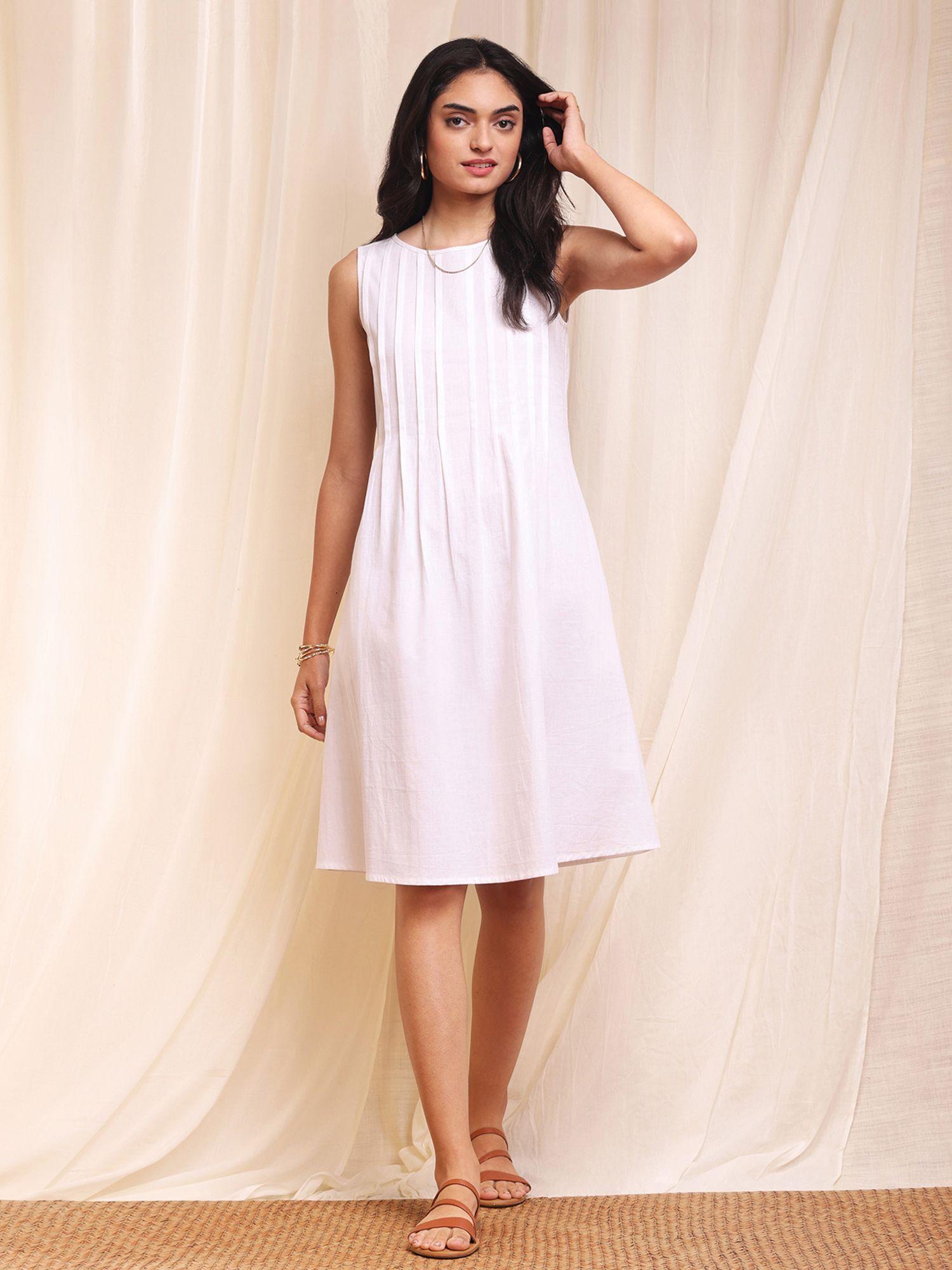 cotton sleeveless a-line dress - white