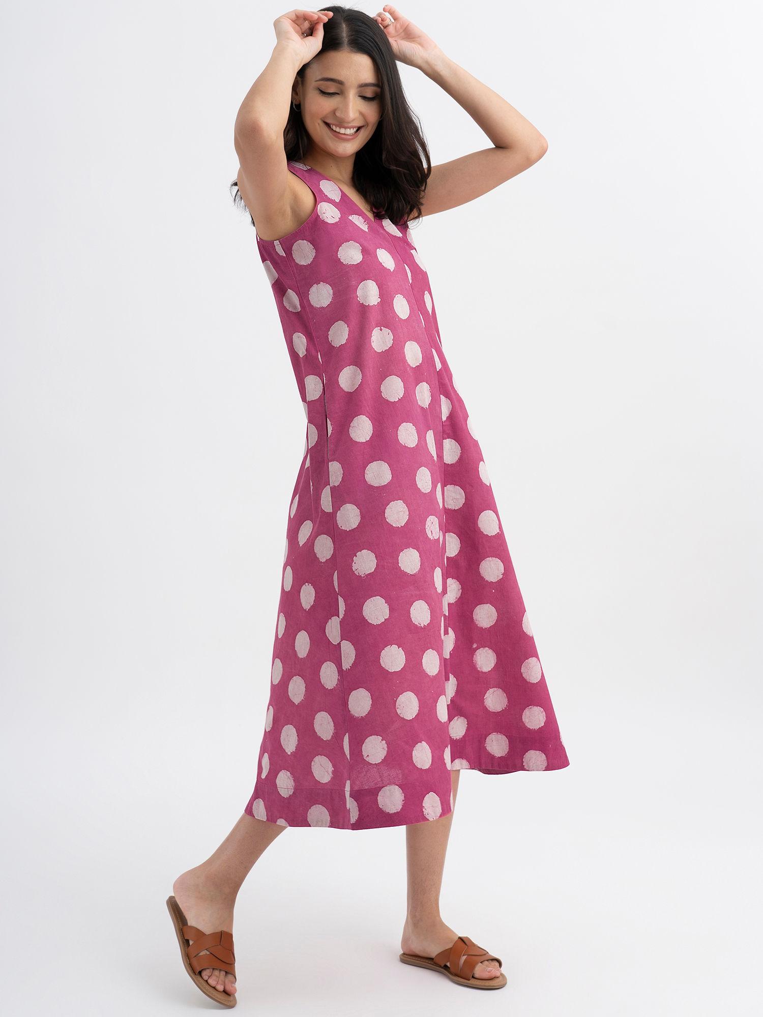 cotton sleeveless dabu handblock polka printed dress pink