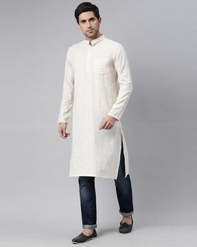 cotton slim fit long kurta with patch pocket