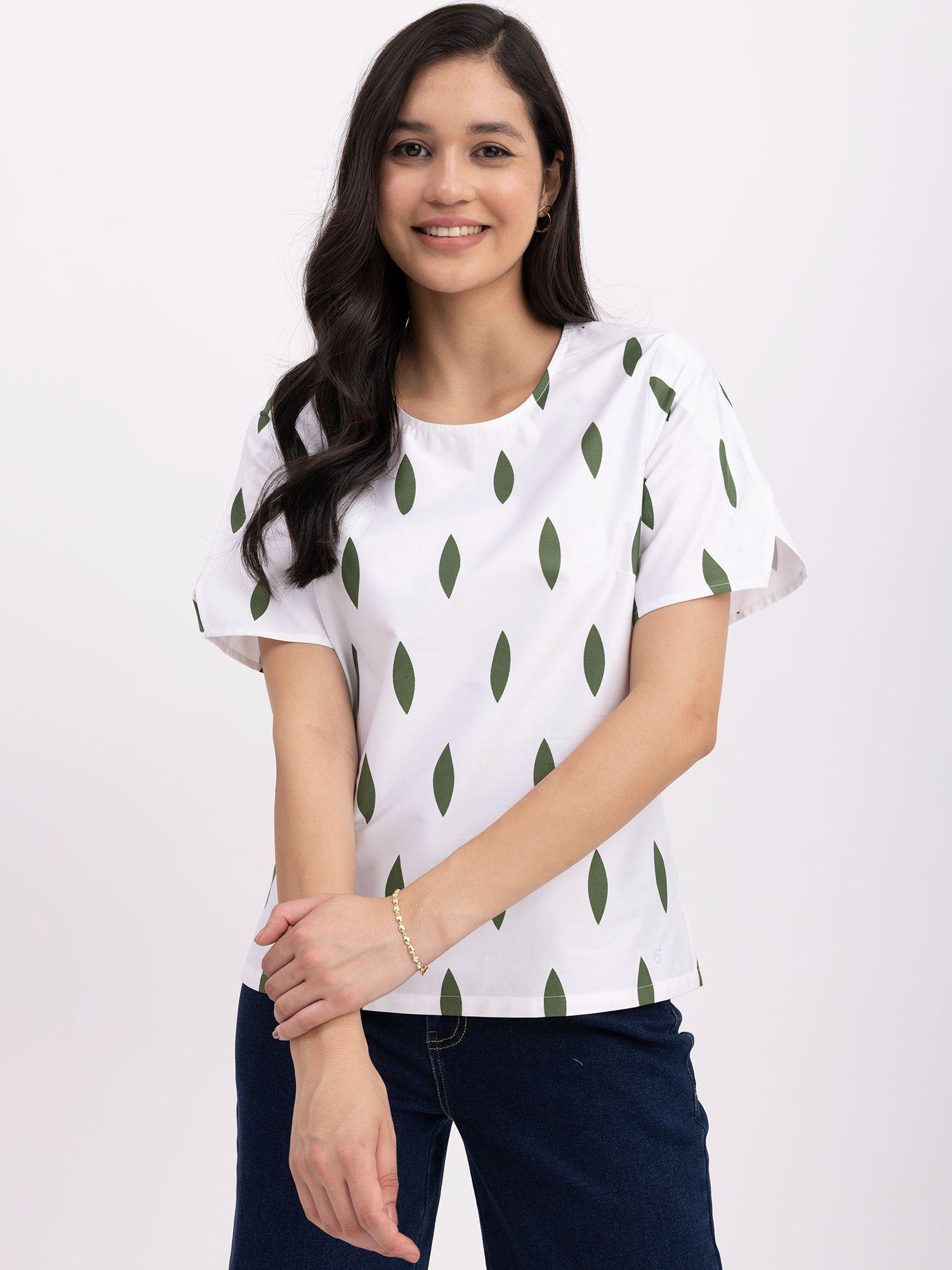 cotton slit sleeves top - white and green