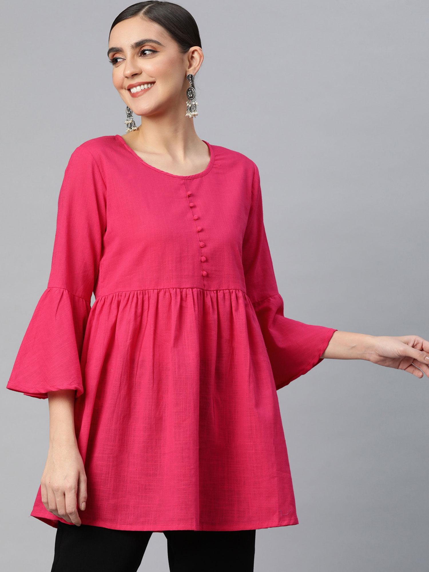 cotton slub solid flared tunic pink