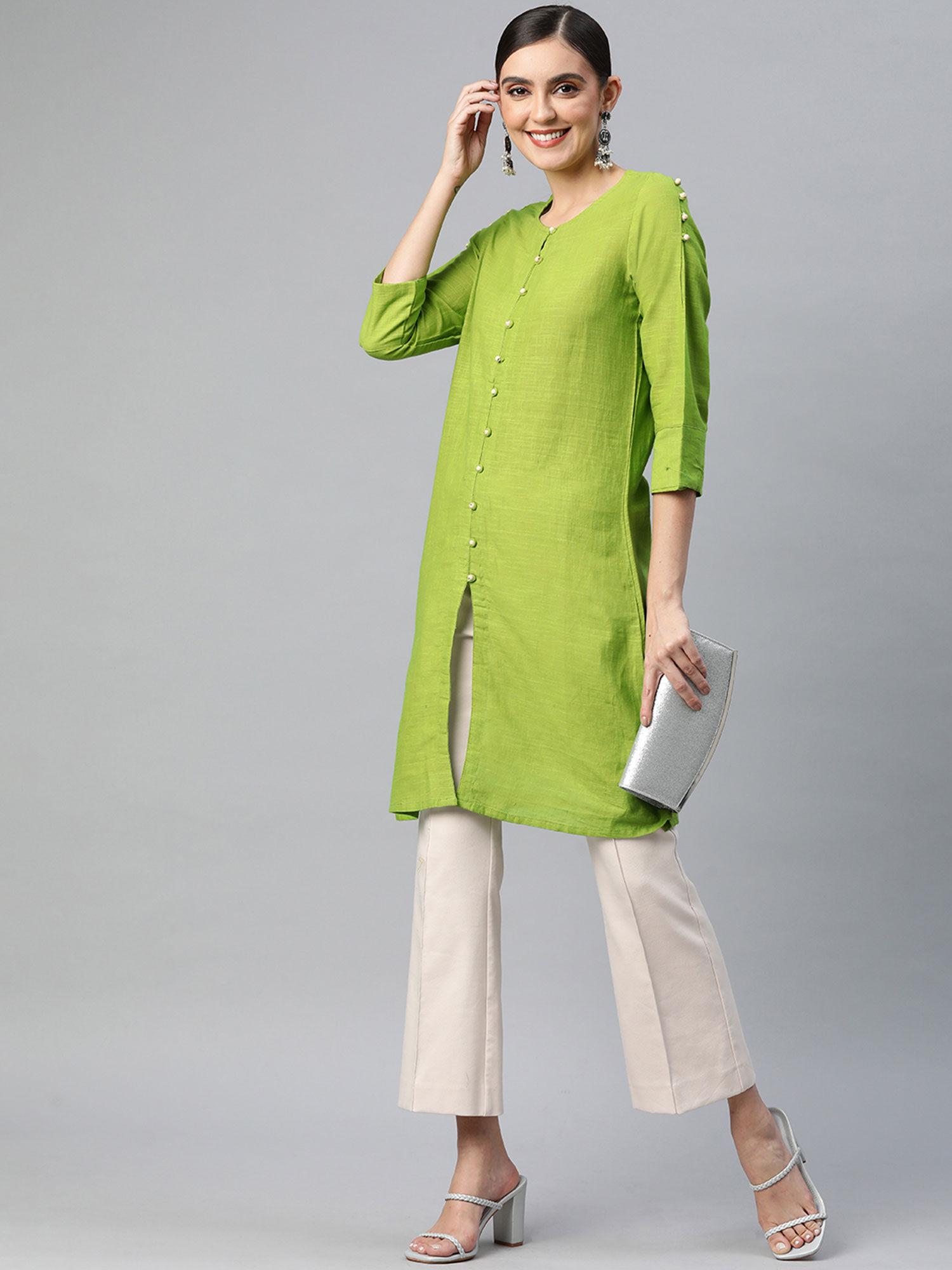 cotton slub solid straight tunic kurti green