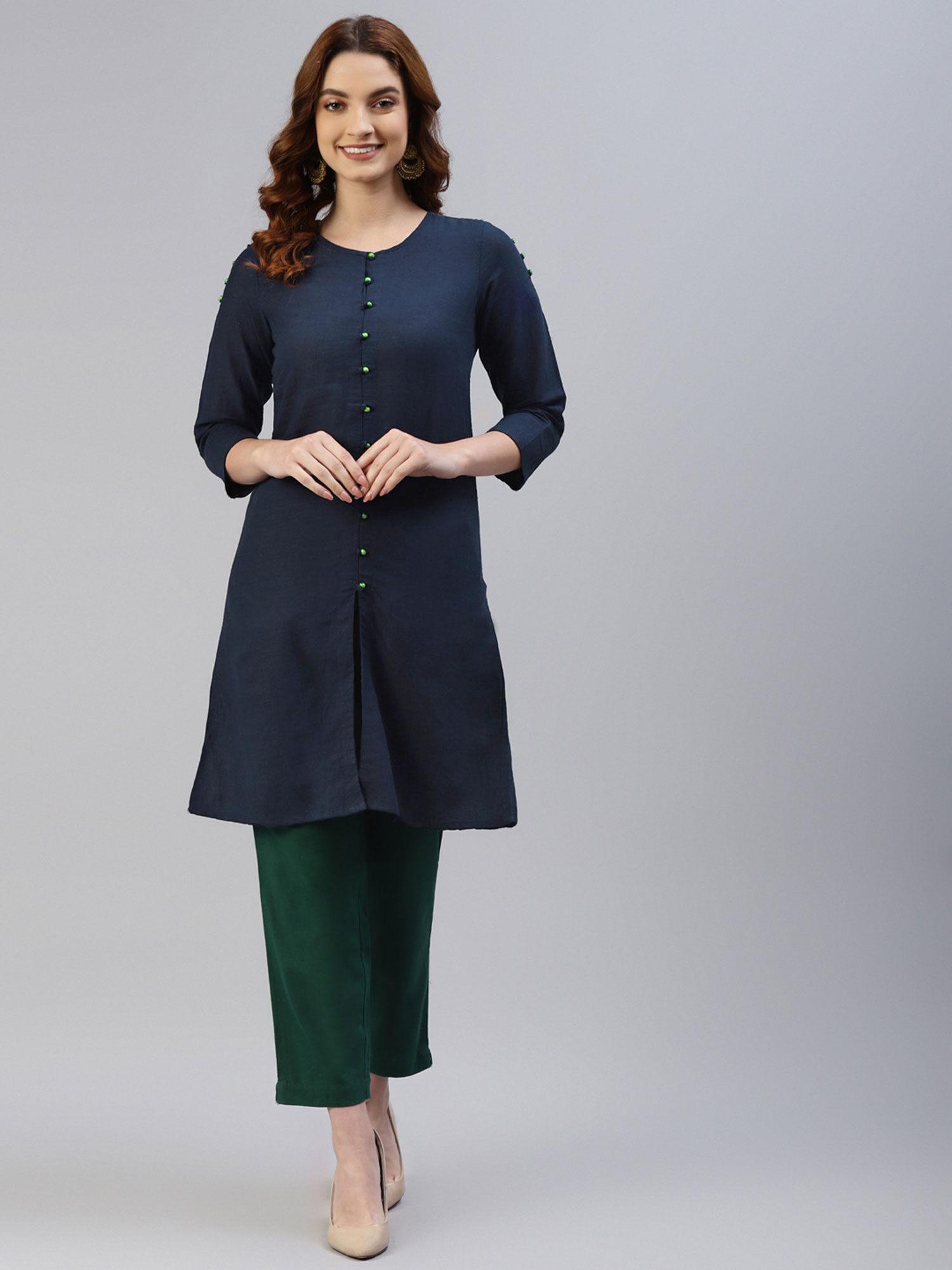 cotton slub solid straight tunic kurti navy blue