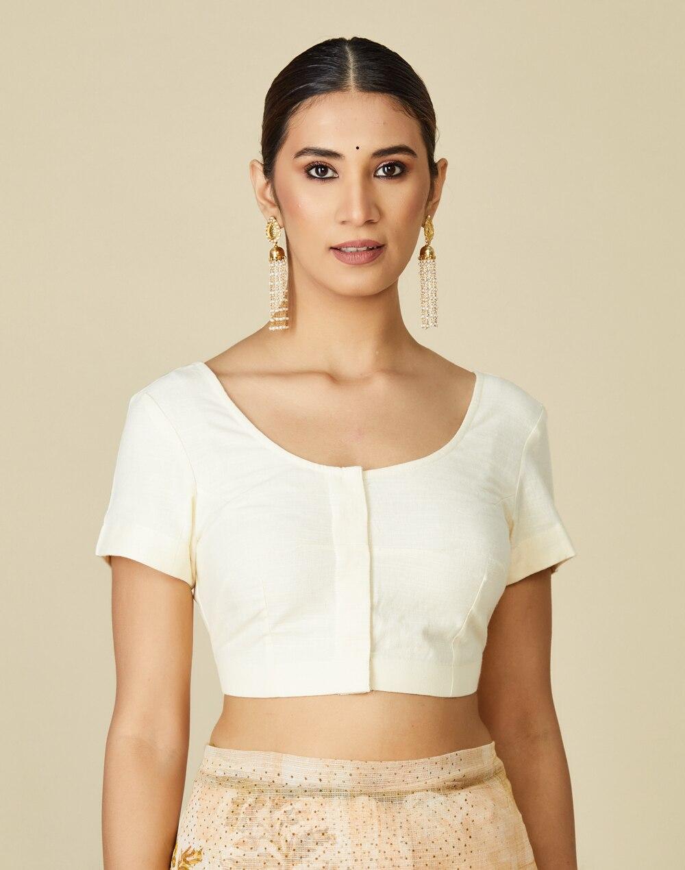 cotton slub woven round neck blouse