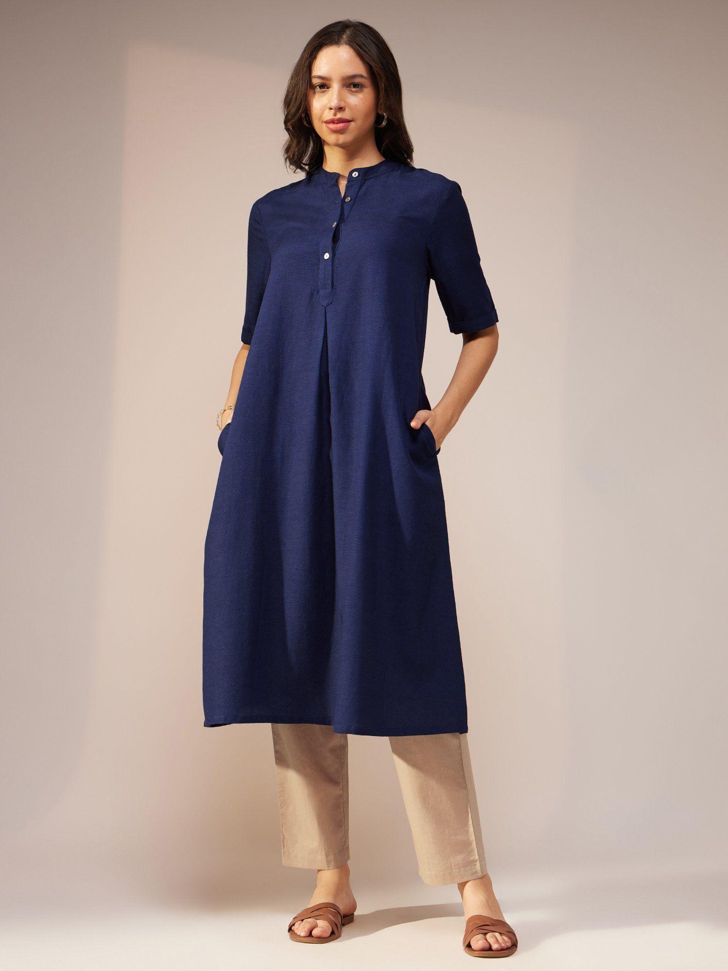 cotton solid a-line kurta-navy blue