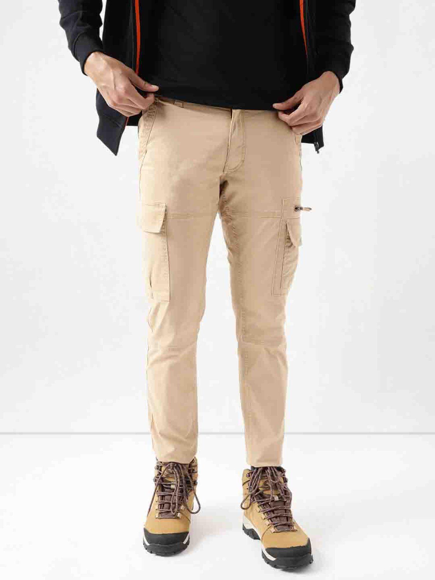 cotton solid beige skinny fit casual trousers