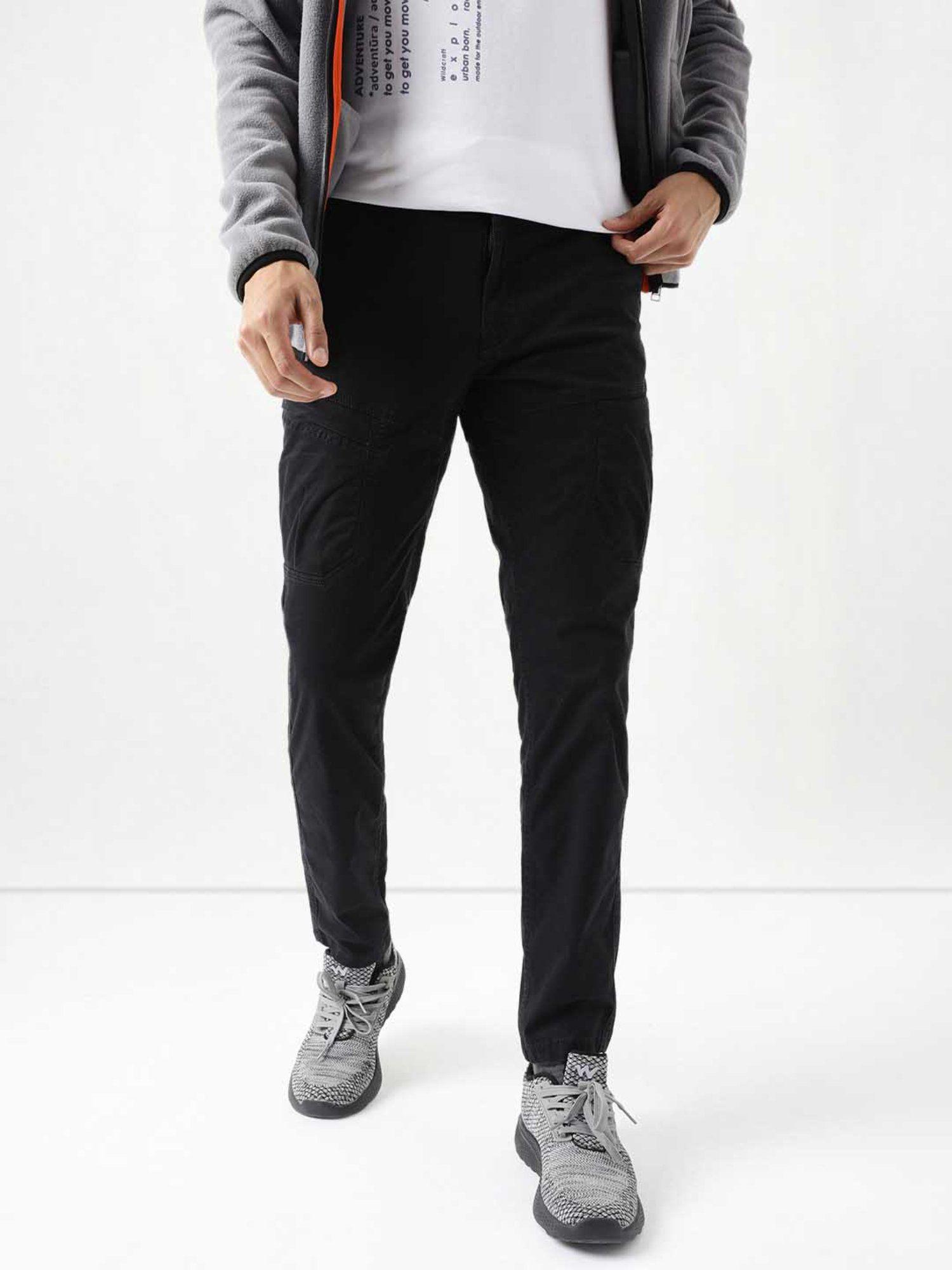 cotton solid black slim fit casual trousers