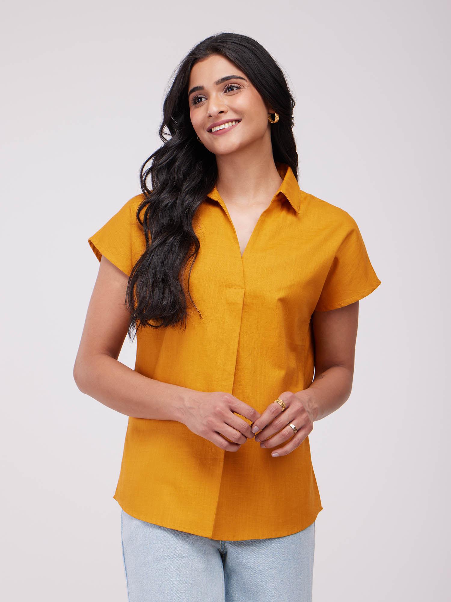 cotton solid collared top- mustard