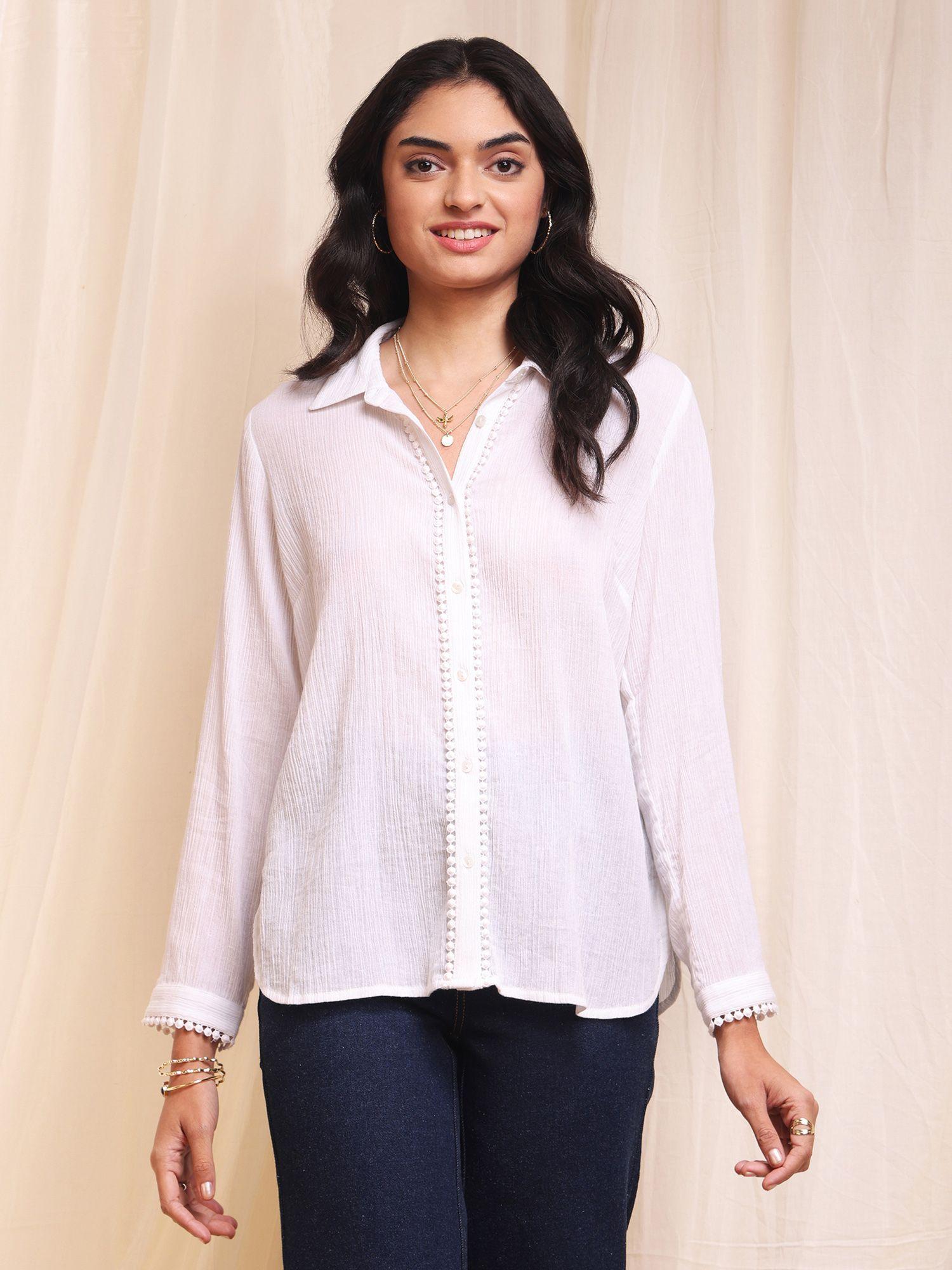 cotton solid crinkle shirt - white