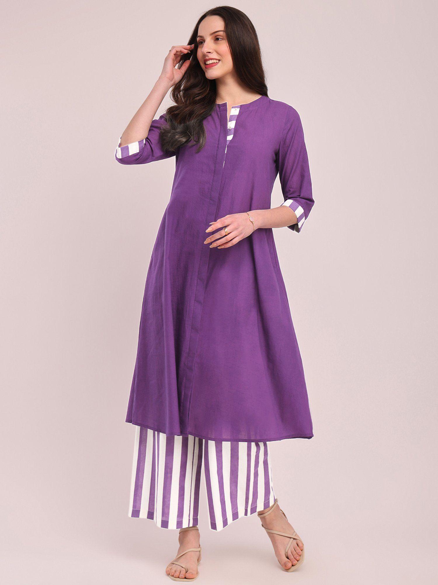 cotton solid kurta with striped pant - purple (set of 2)