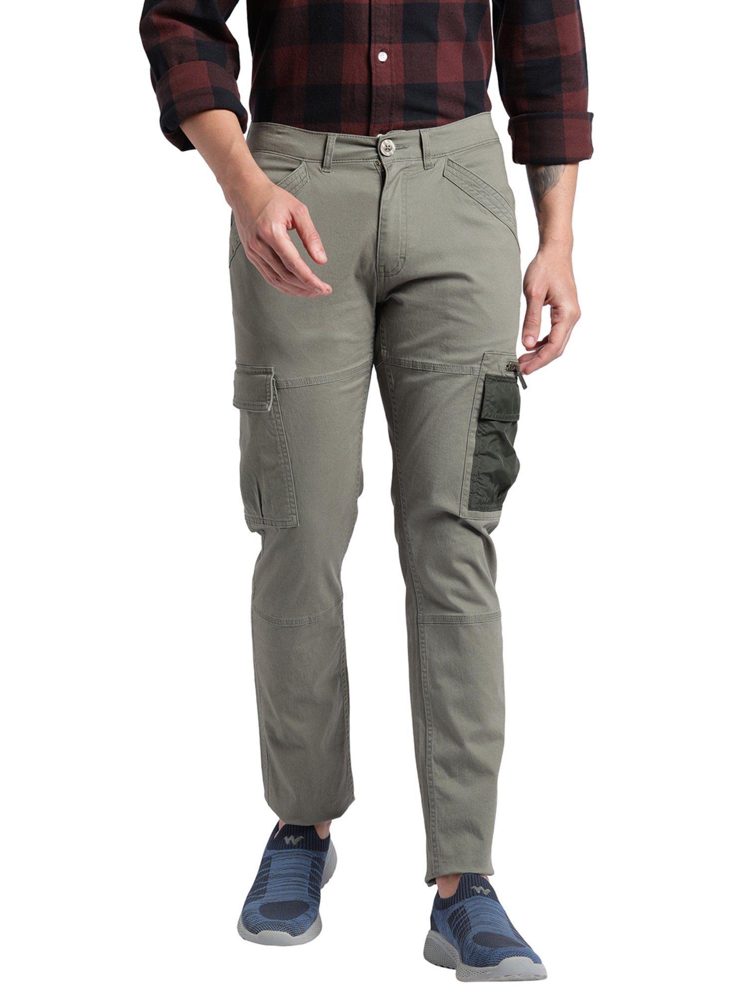 cotton solid olive skinny fit casual trousers