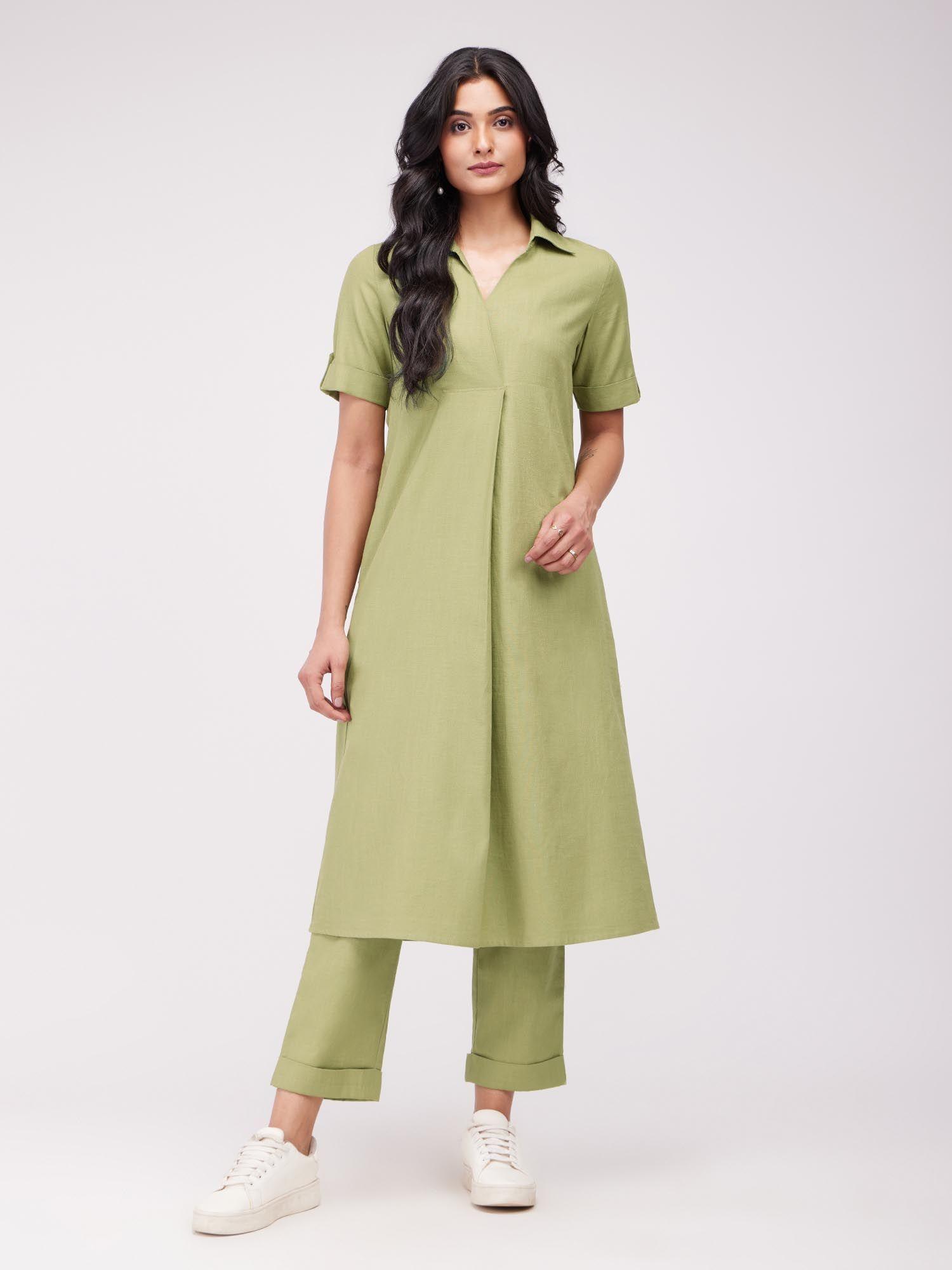 cotton solid pleated kurta green