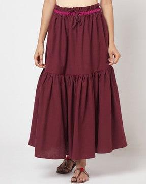 cotton solid skirt with waist tie-up