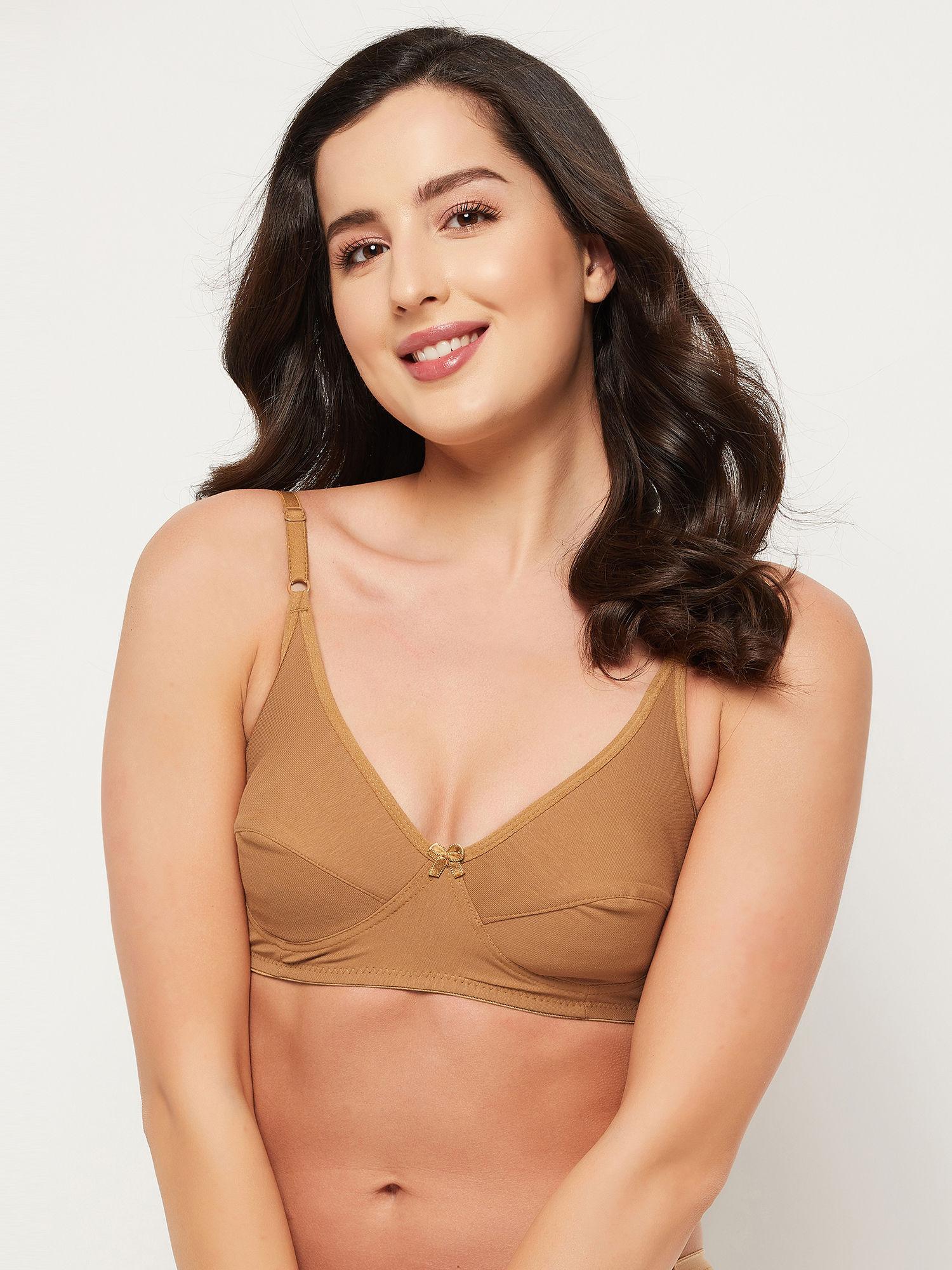 cotton spandex solid non-padded full cup wire free everyday bra - beige