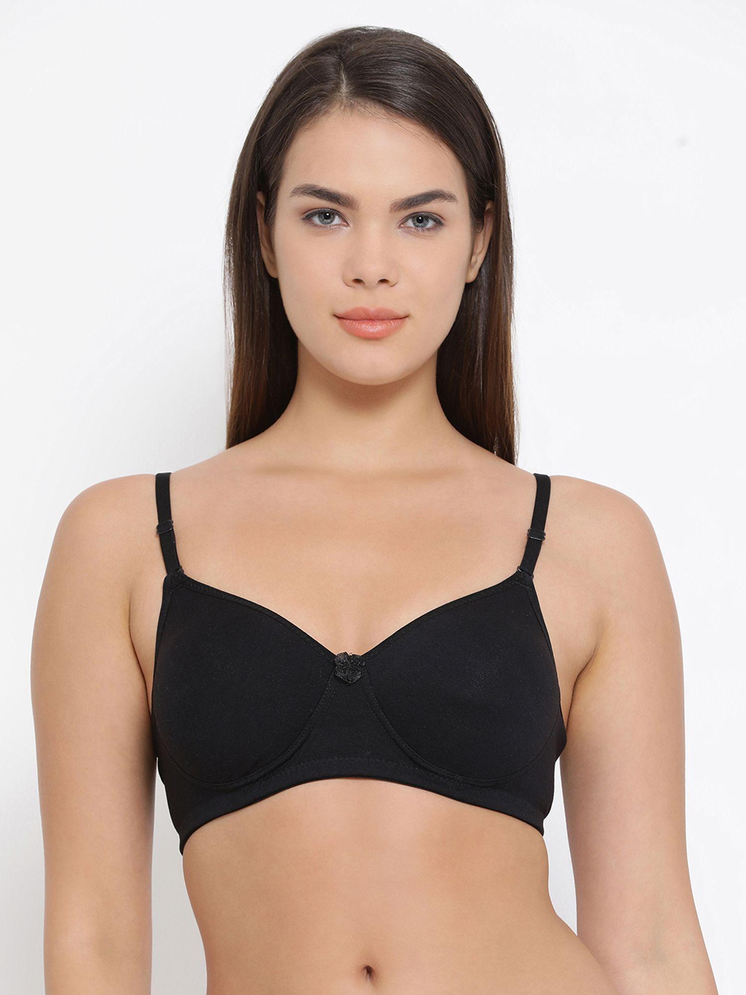 cotton spandex solid padded full cup wire free t-shirt bra - black