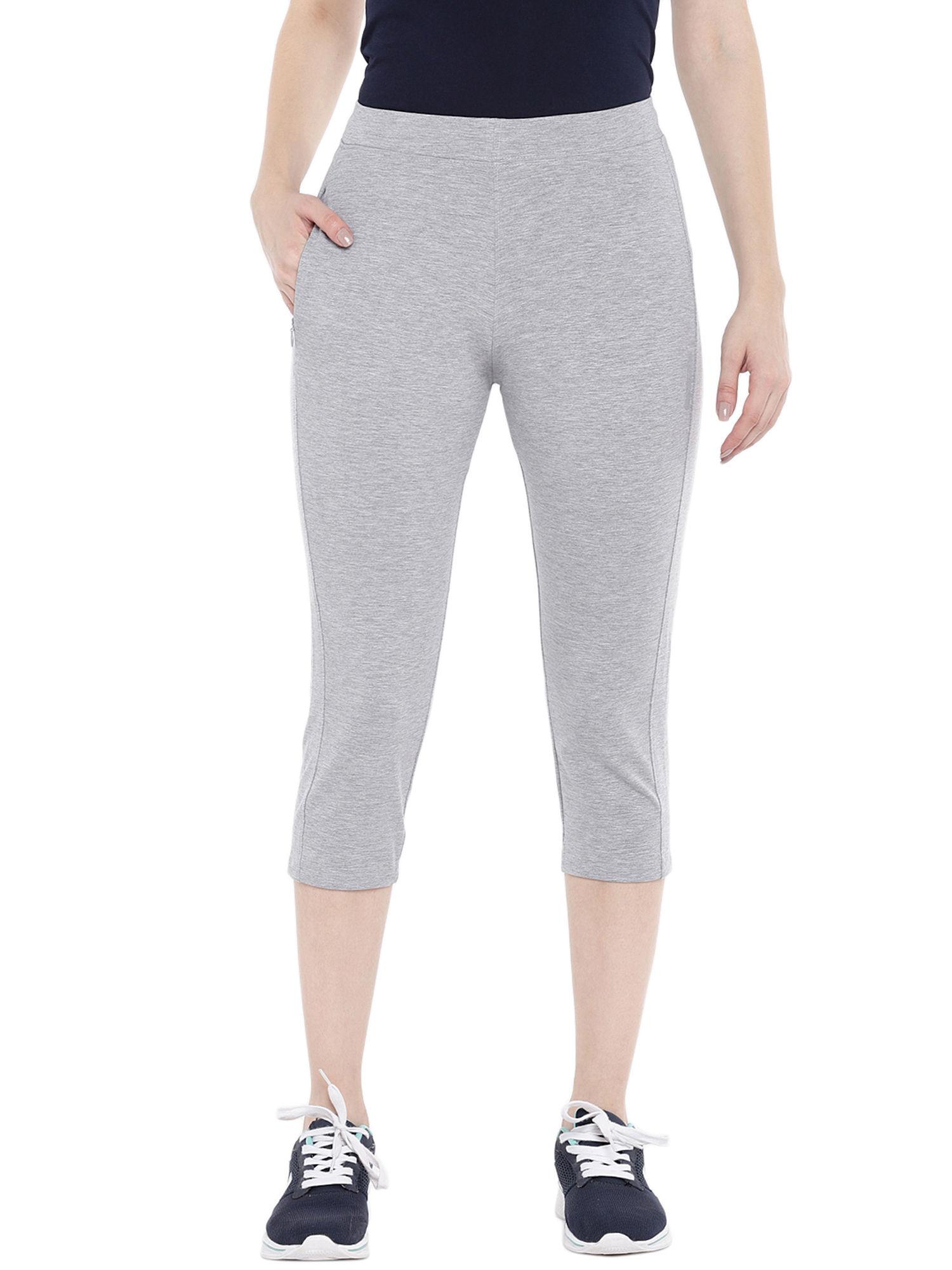 cotton spandex women's workout capri with zipper pocket - grey melange