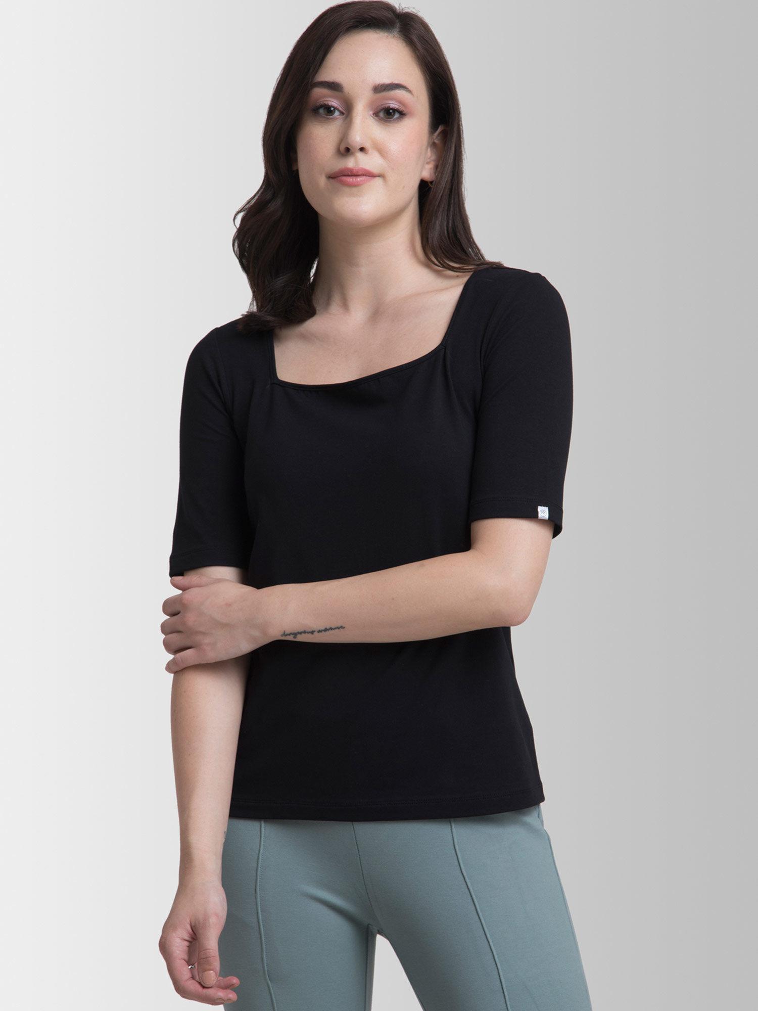 cotton square neck knitted t shirt - black