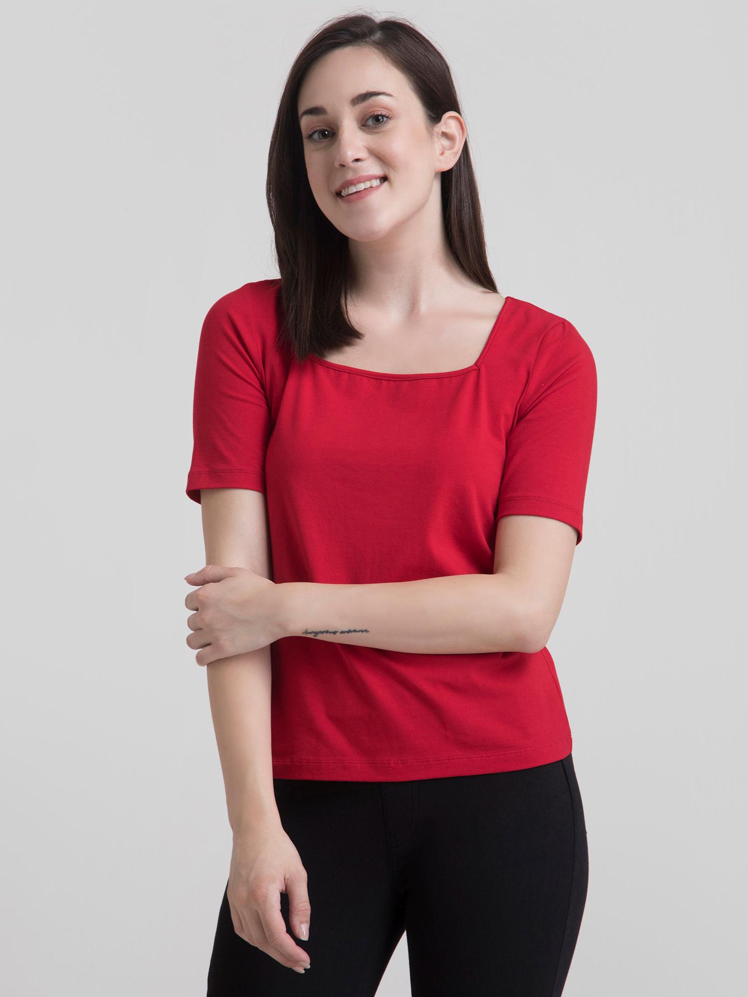 cotton square neck knitted t-shirt - red