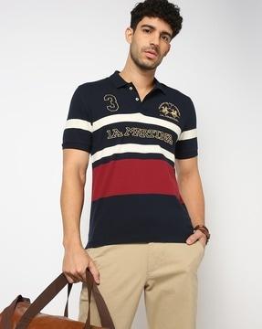 cotton stretch slim fit polo t-shirt with gold embroidery