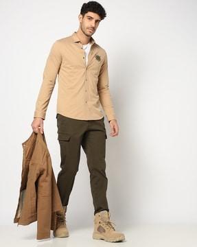 cotton stretch slim fit solid concealed pocket cargo trousers