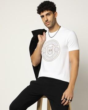 cotton stretch slim fit textured reflective print crew-neck t-shirt