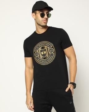 cotton stretch slim fit textured reflective print crew-neck t-shirt