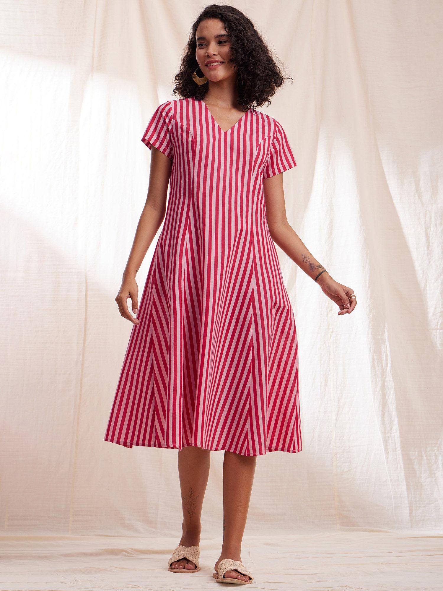 cotton stripe a-line dress - pink