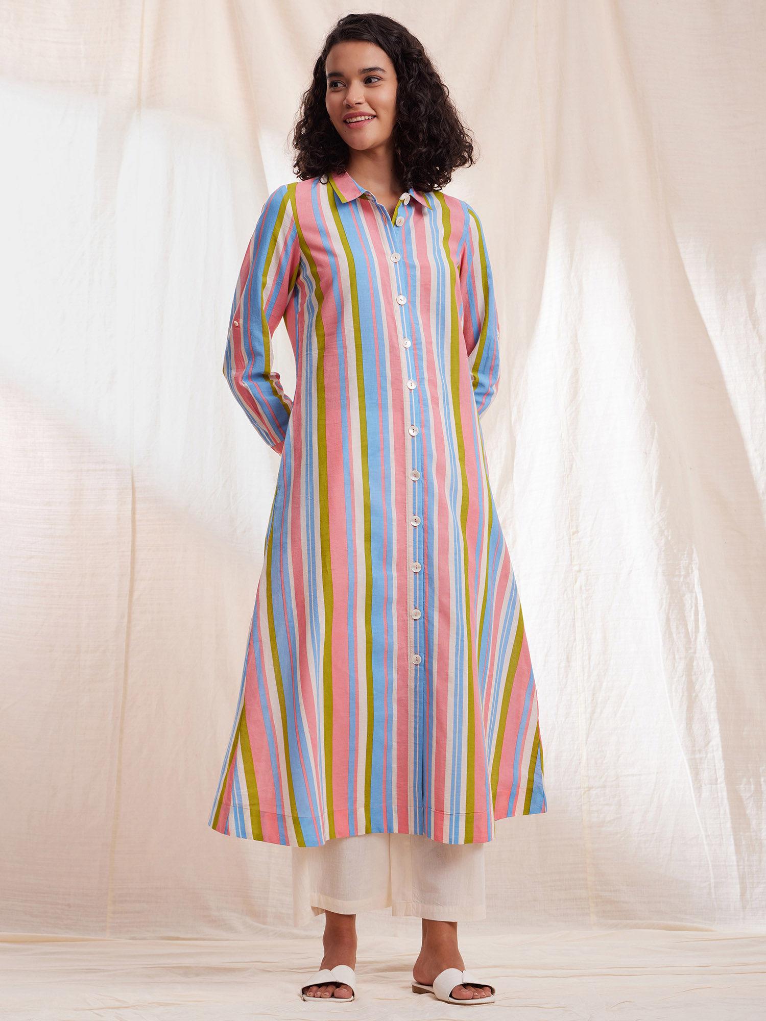 cotton stripe a-line shirt collar kurta - multicolor