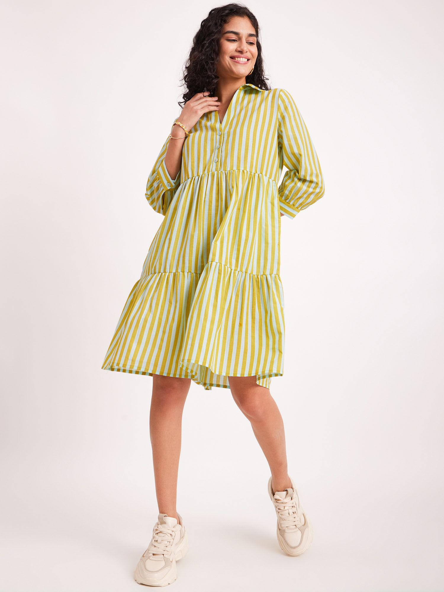 cotton stripe play a-line dress - blue & yellow