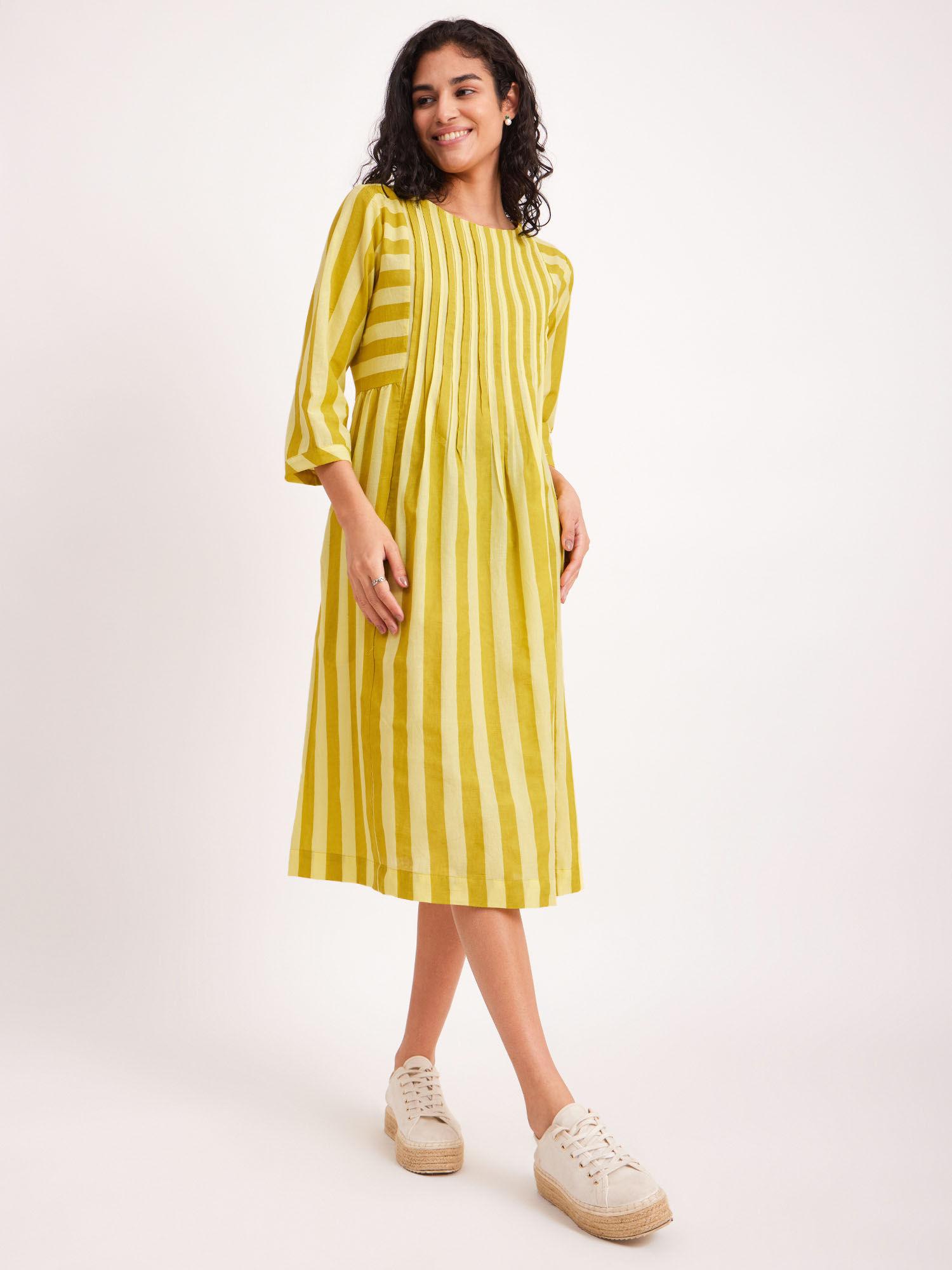 cotton stripe play a-line dress - yellow