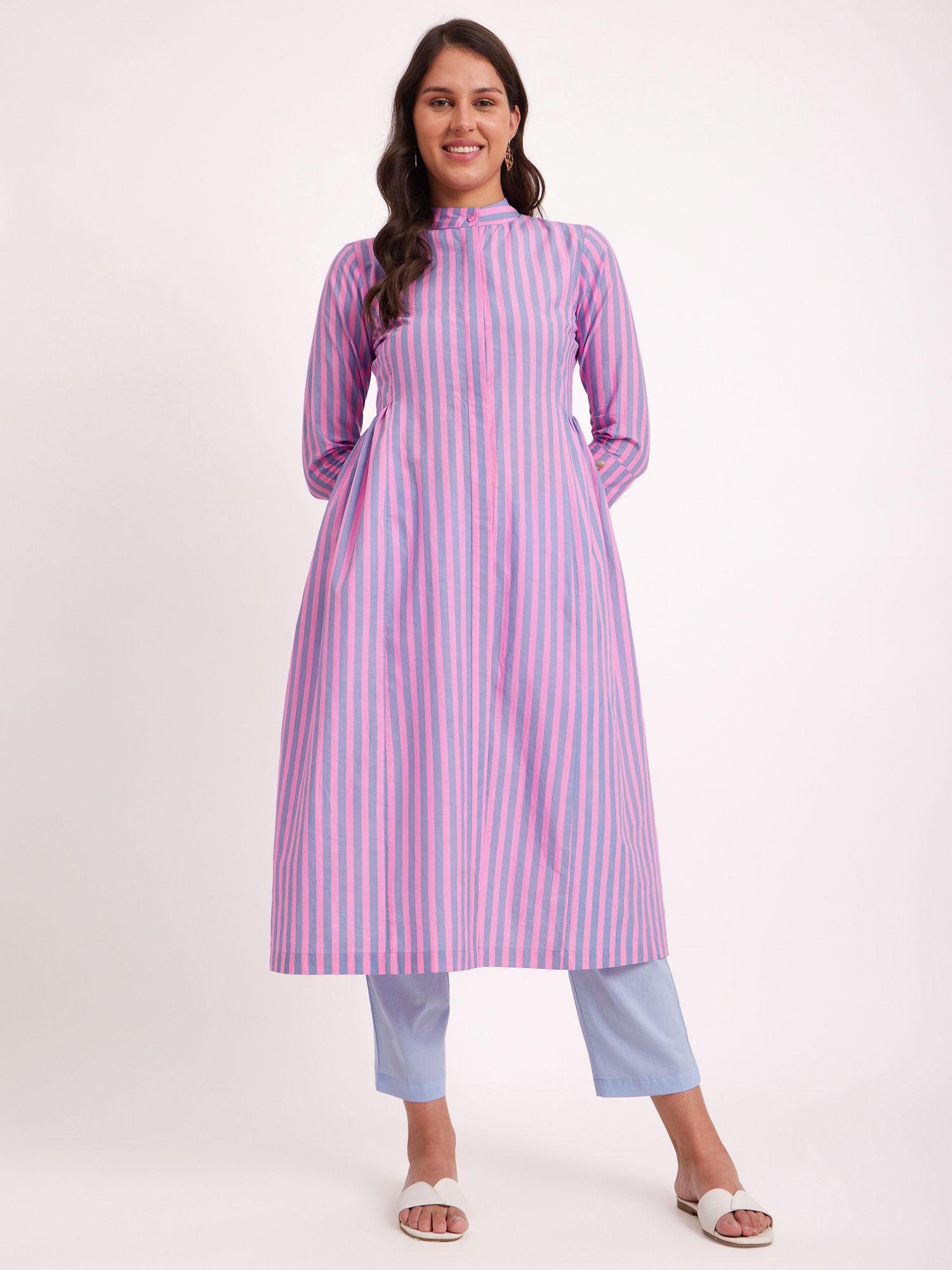 cotton stripe play a-line kurta - pink & blue