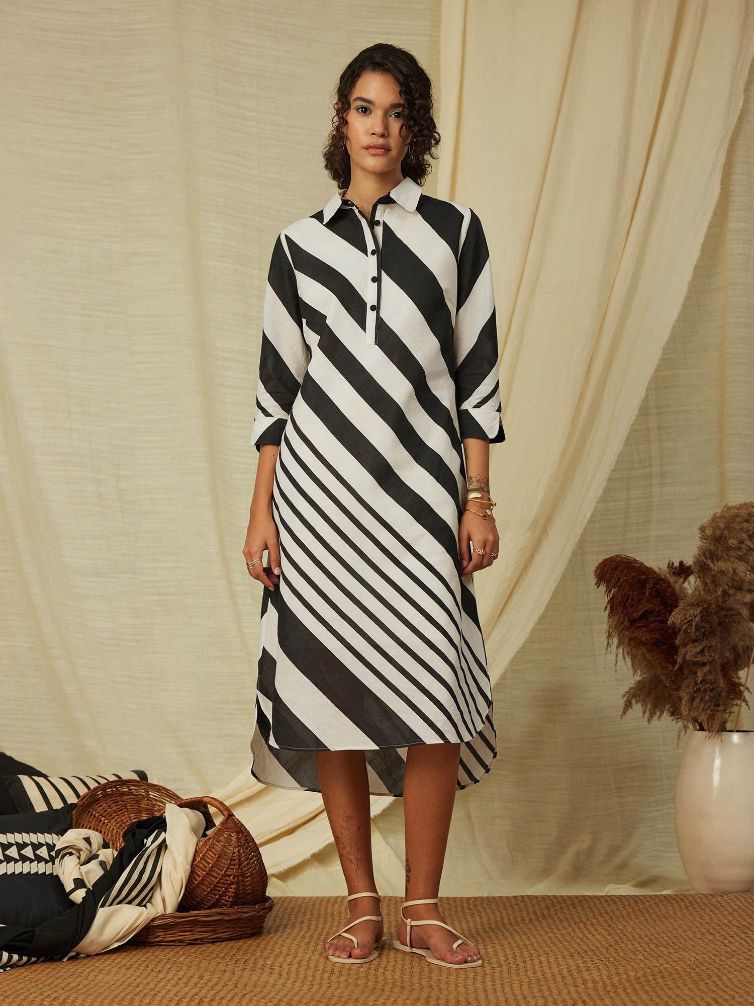 cotton stripe play shirt dress black & cream