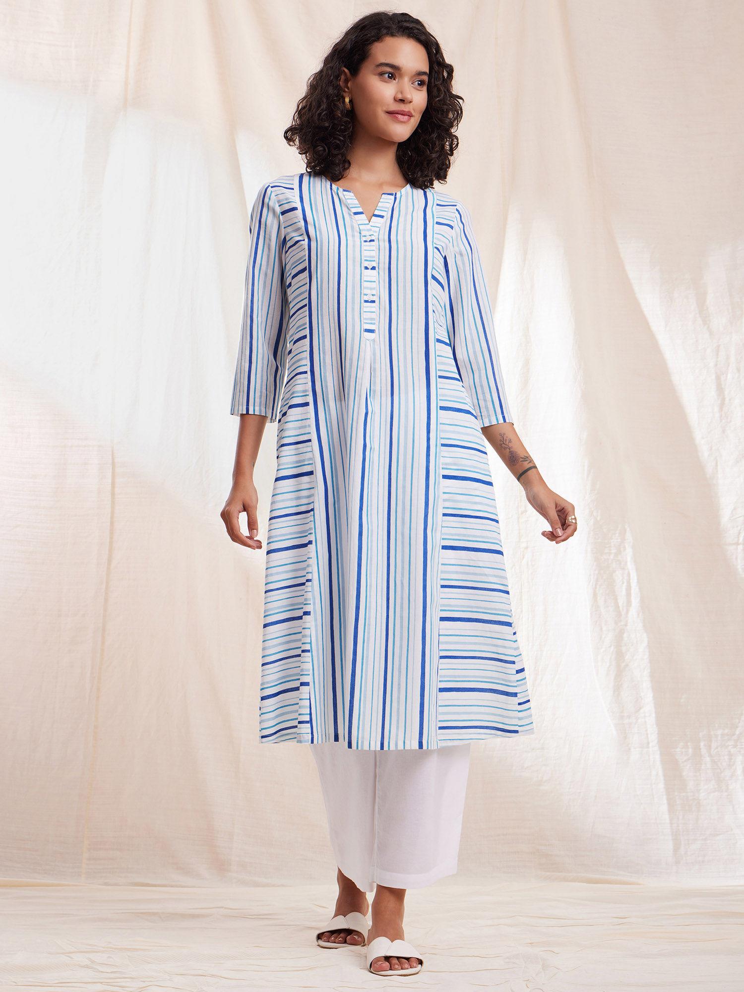 cotton stripe straight kurta - blue