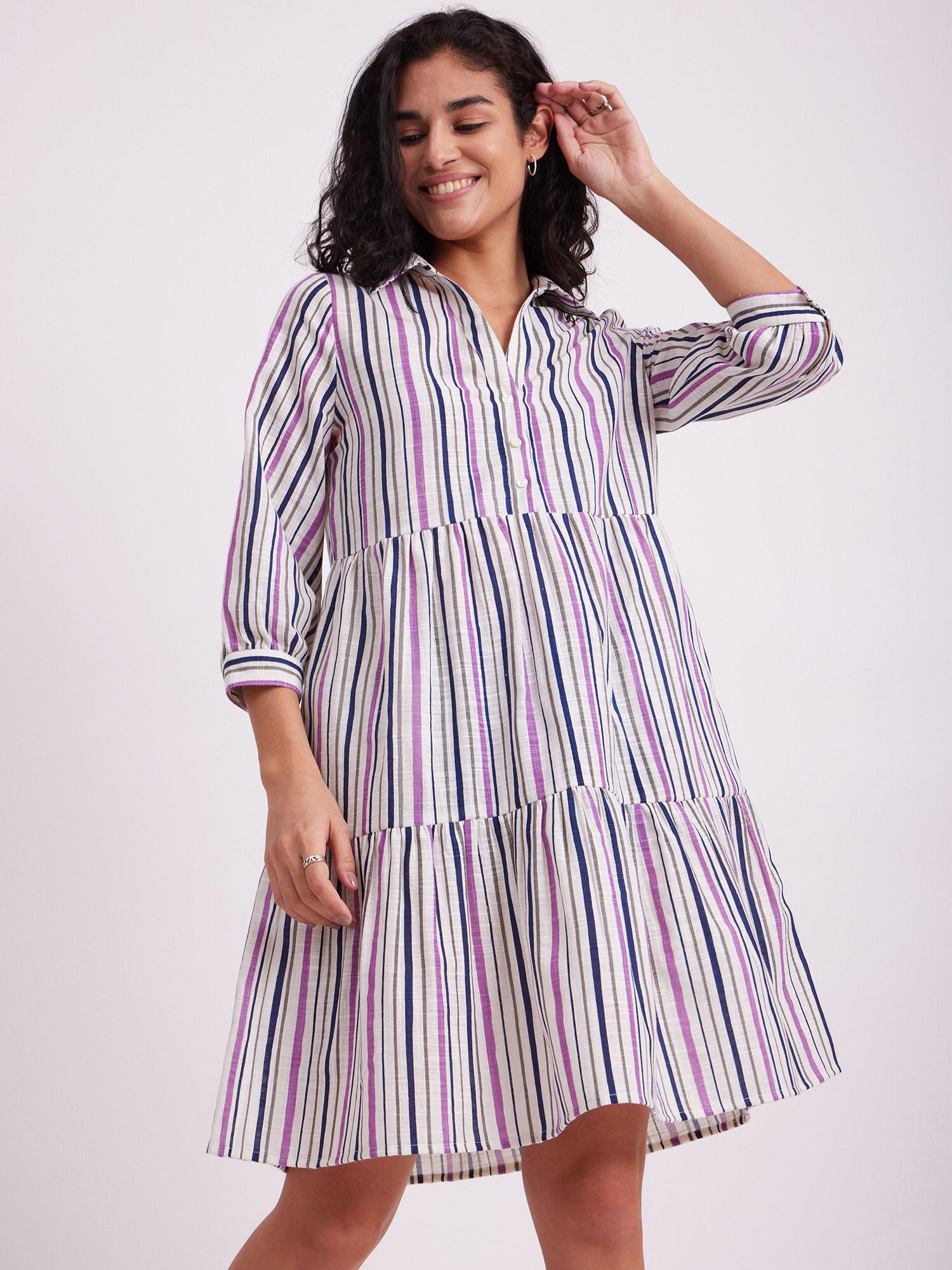 cotton stripe tiered dress - lilac