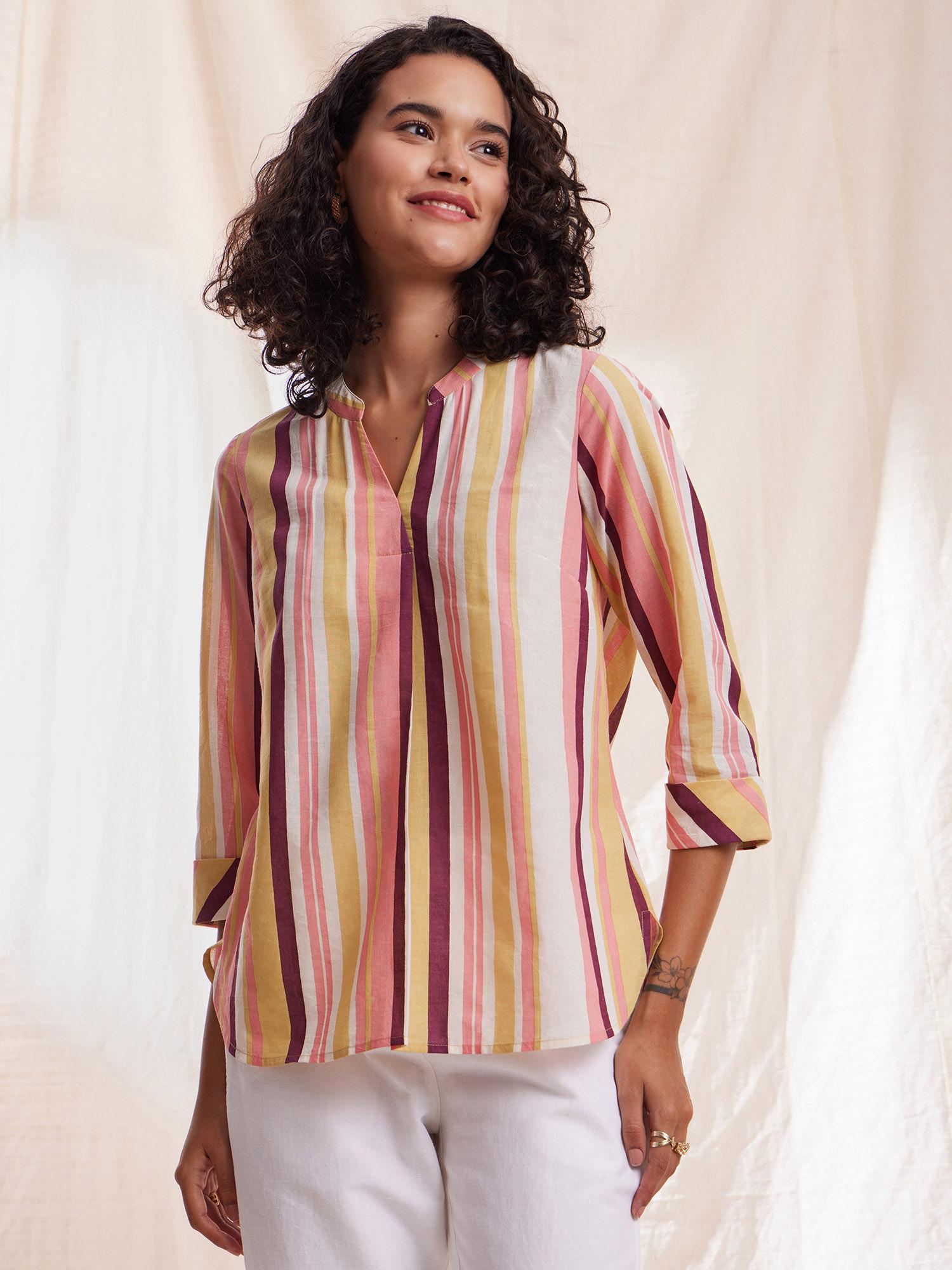 cotton stripe v-neck top - mustard & pink