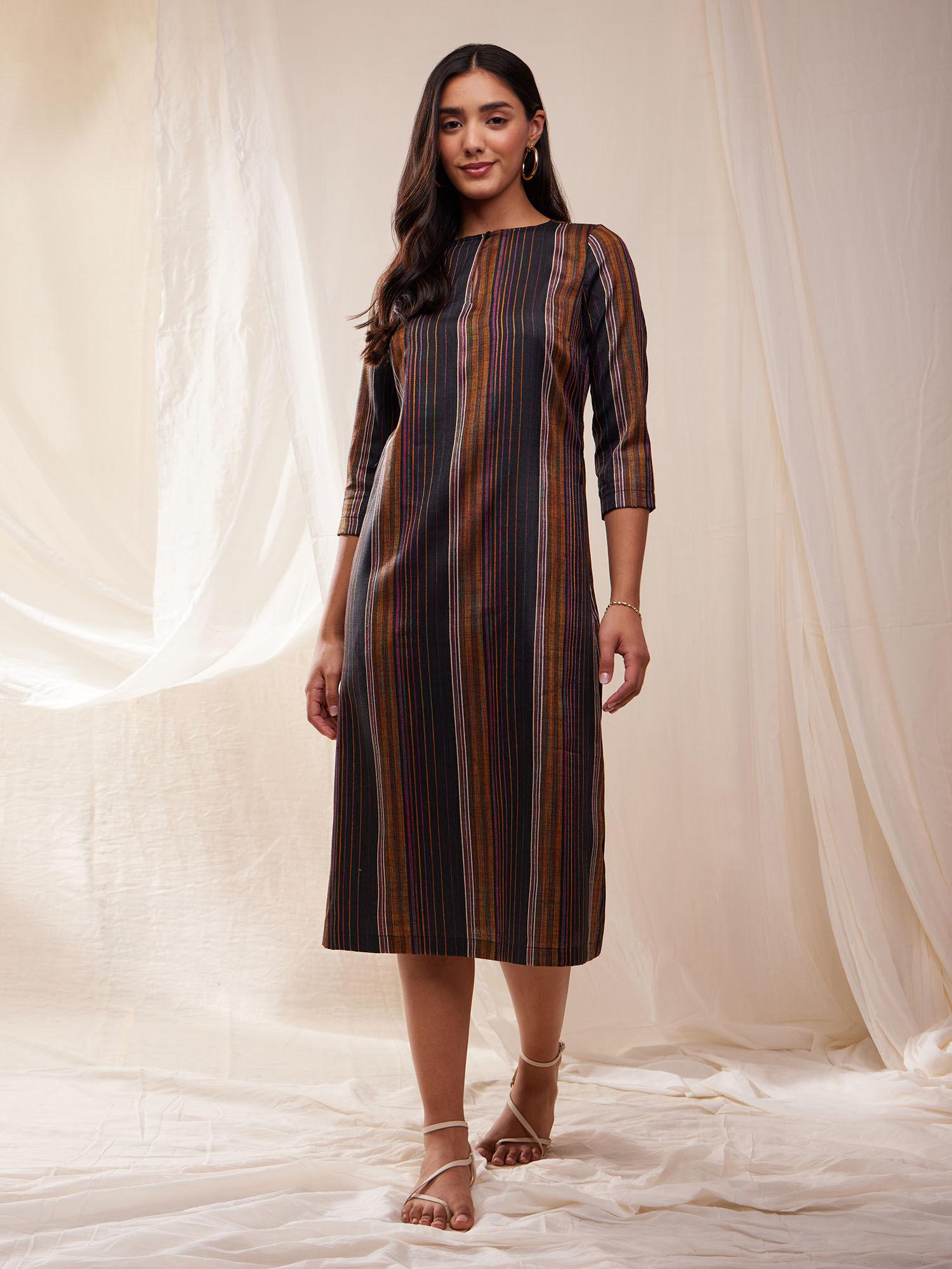 cotton striped a-line dress- multicolour