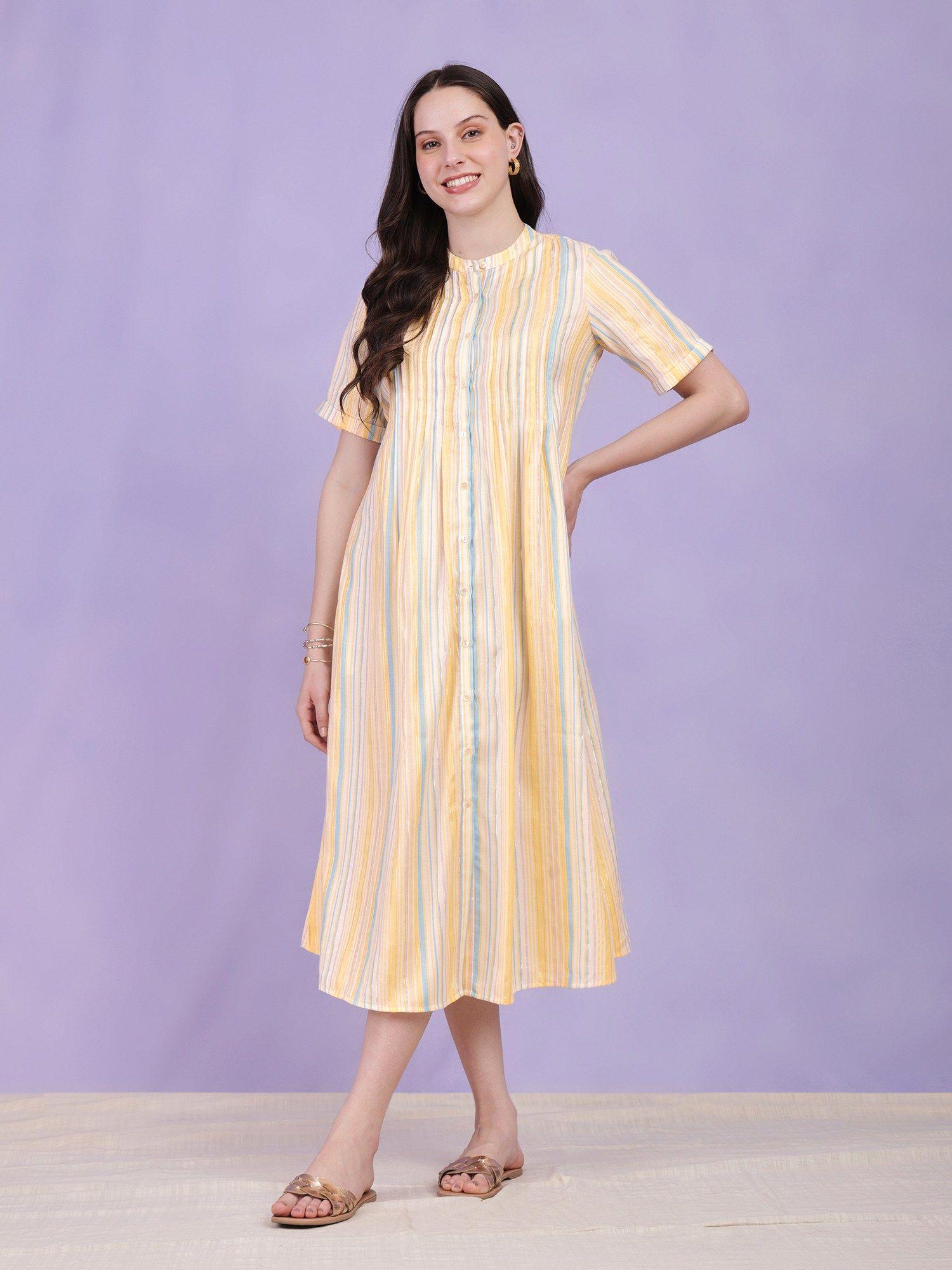 cotton striped a line dress yellow