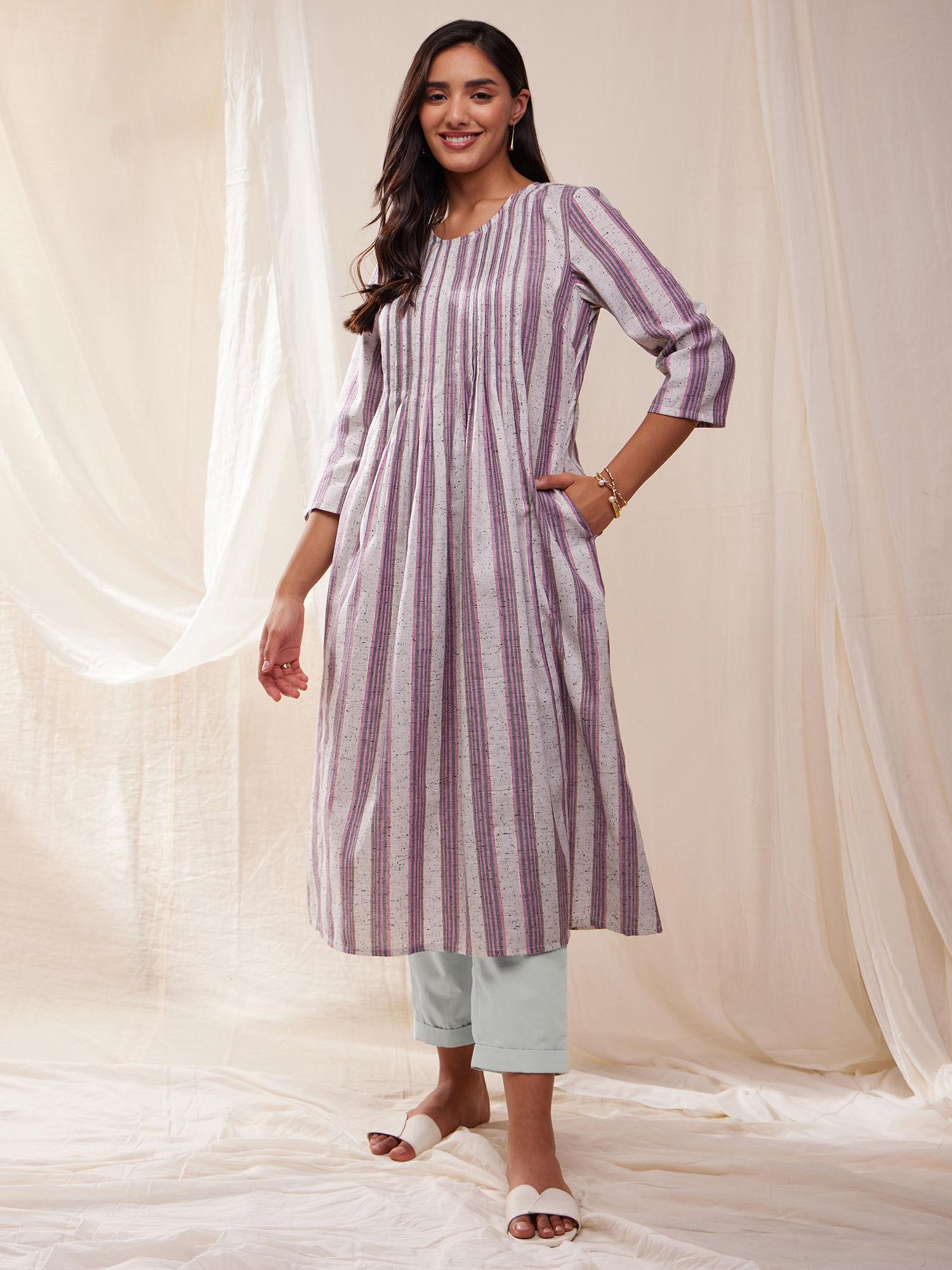 cotton striped a-line kurta- purple