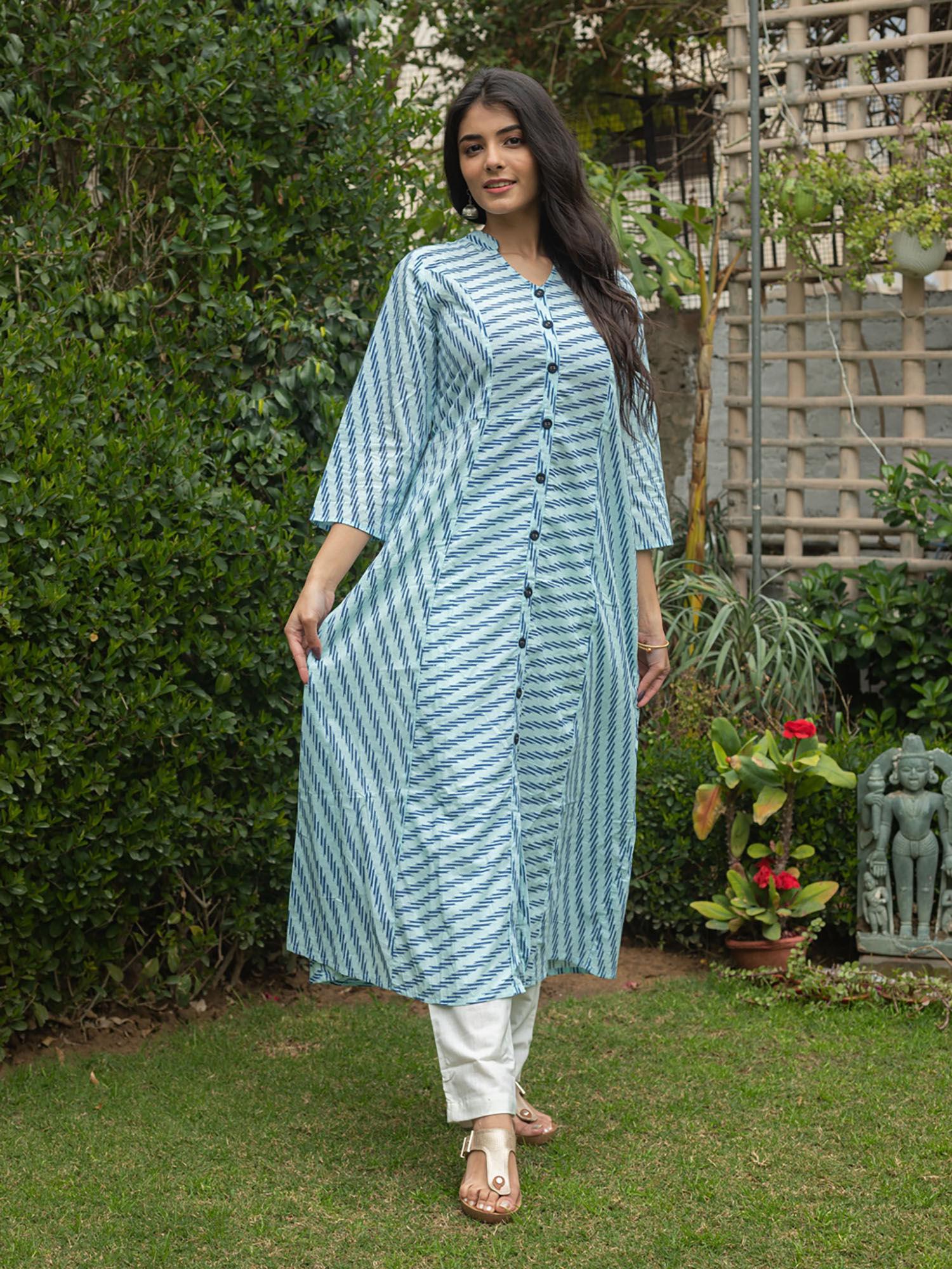 cotton striped printed a-line kurta-blue