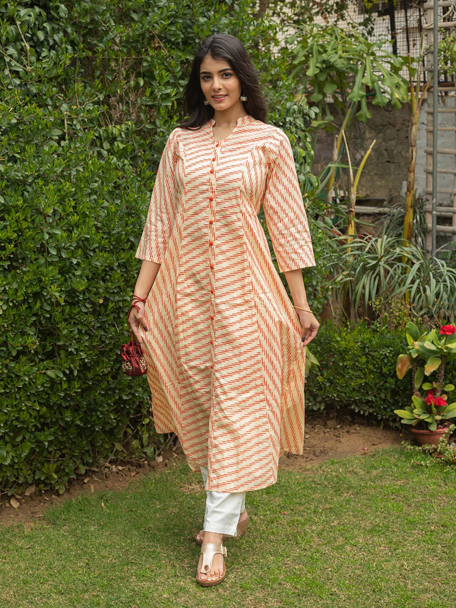 cotton striped printed a-line kurta-orange