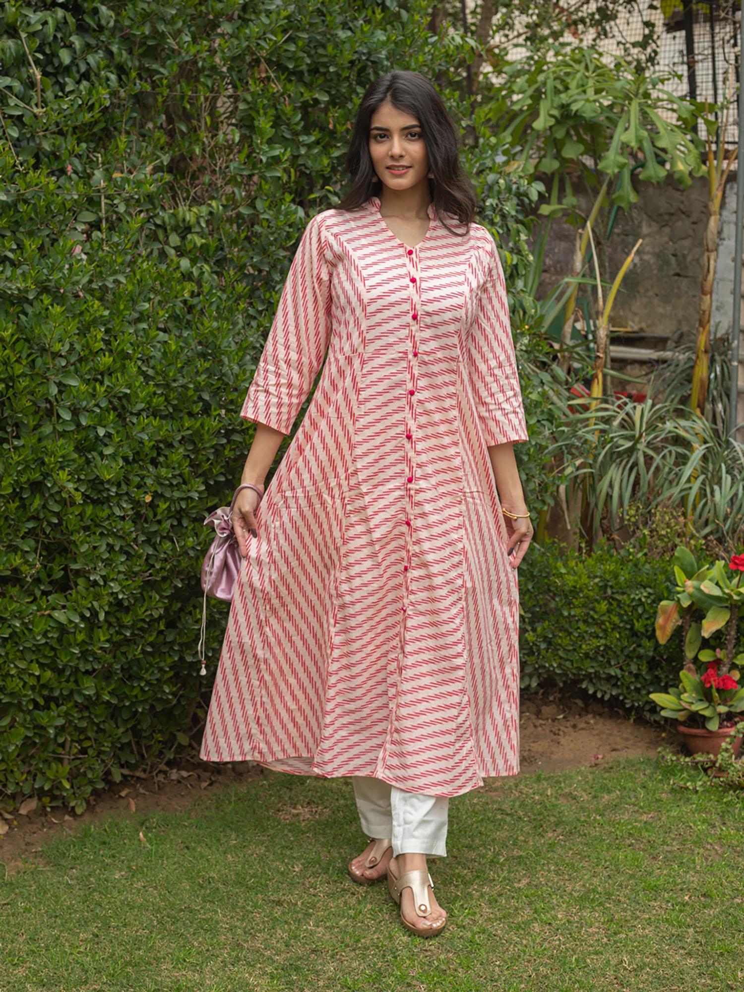 cotton striped printed a-line kurta-pink