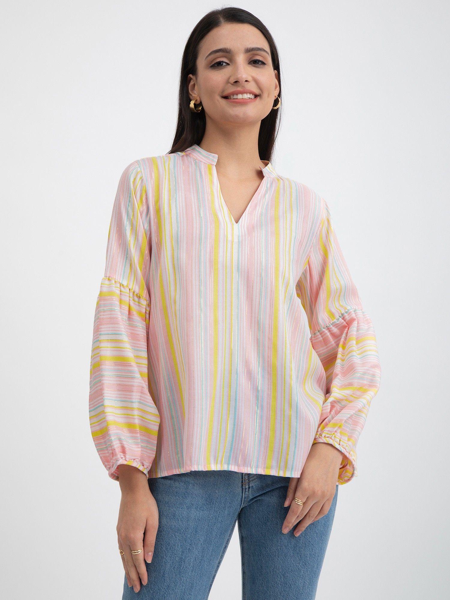 cotton striped puff sleeves top yellow