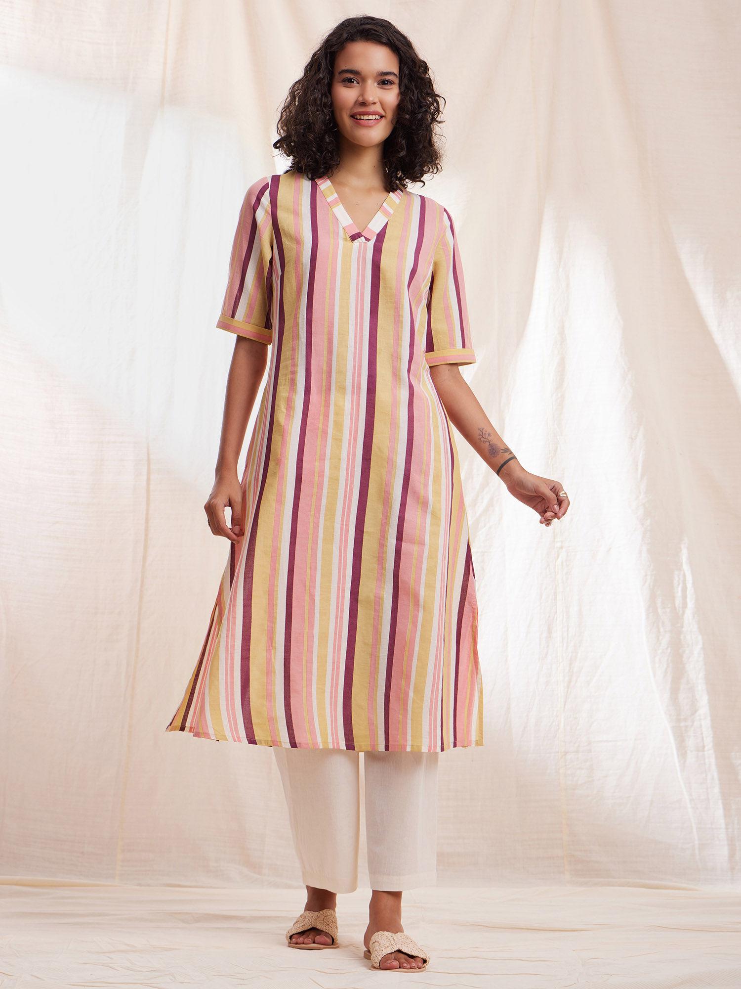 cotton striped relaxed kurta - mustard & pink