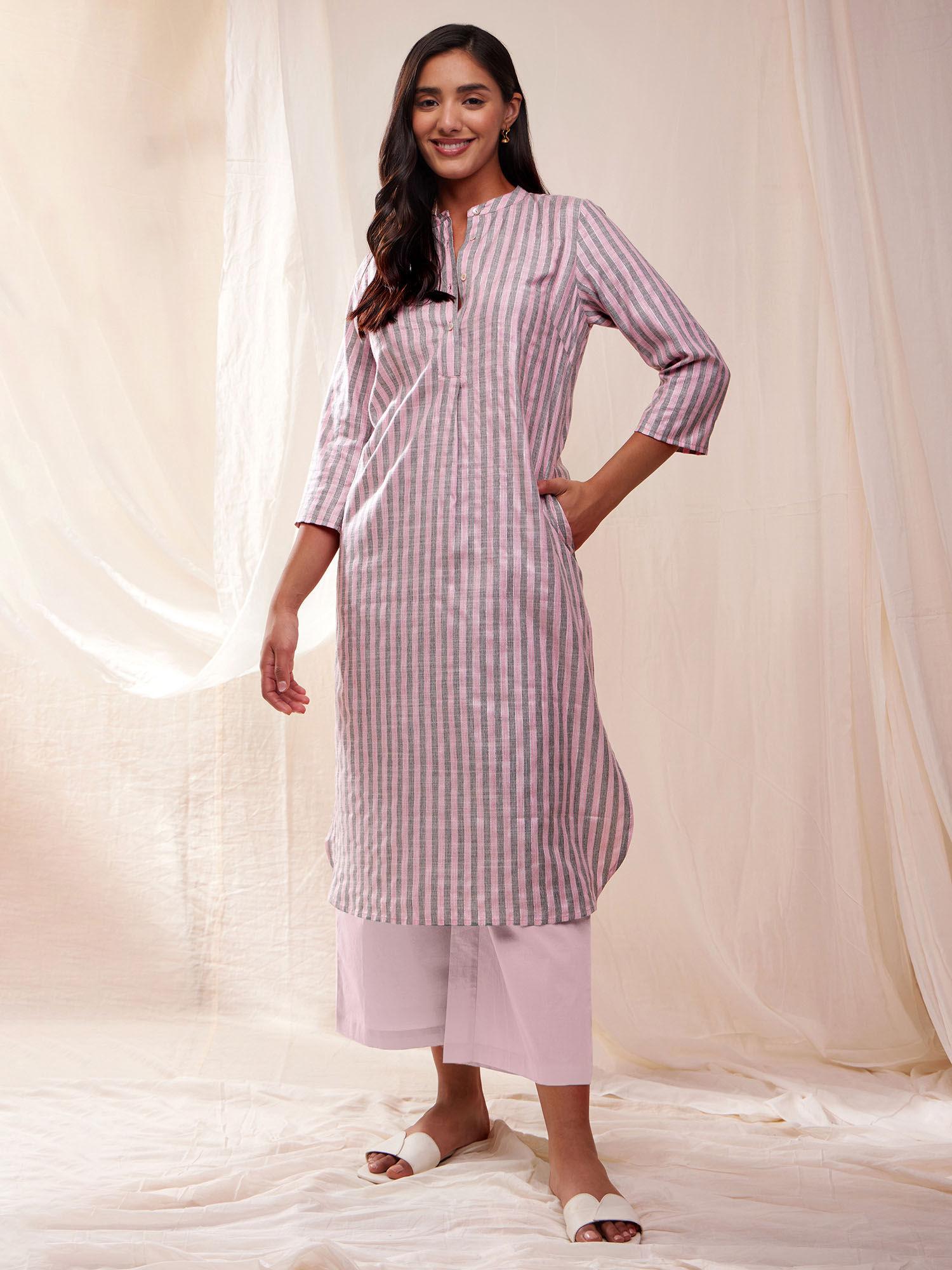 cotton striped straight kurta- pink