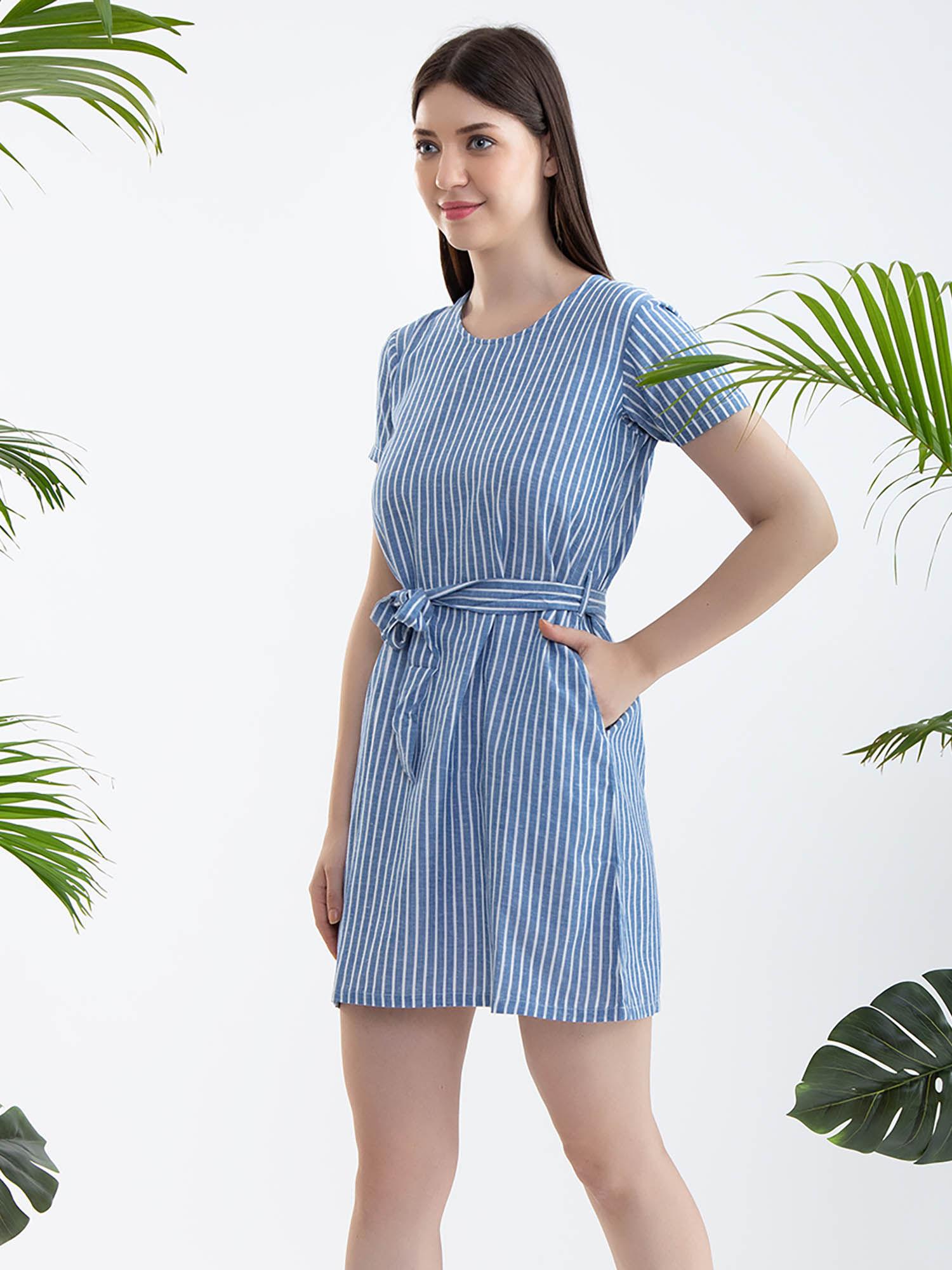 cotton stripes short nightdress blue