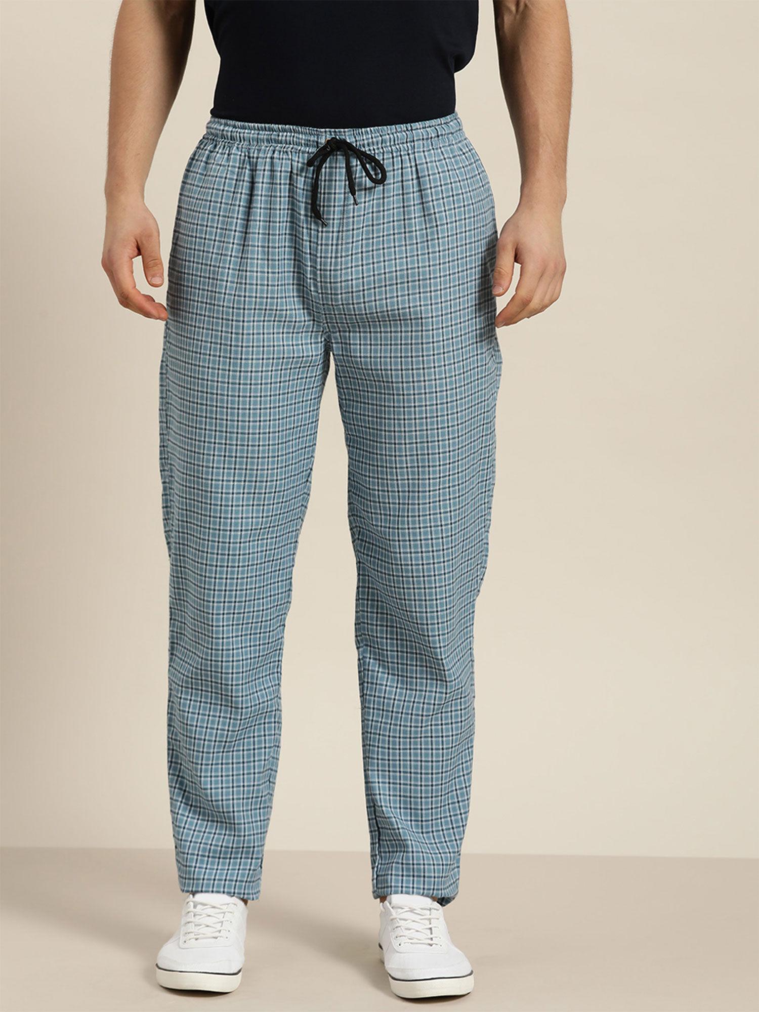 cotton teal blue & white checked track pant